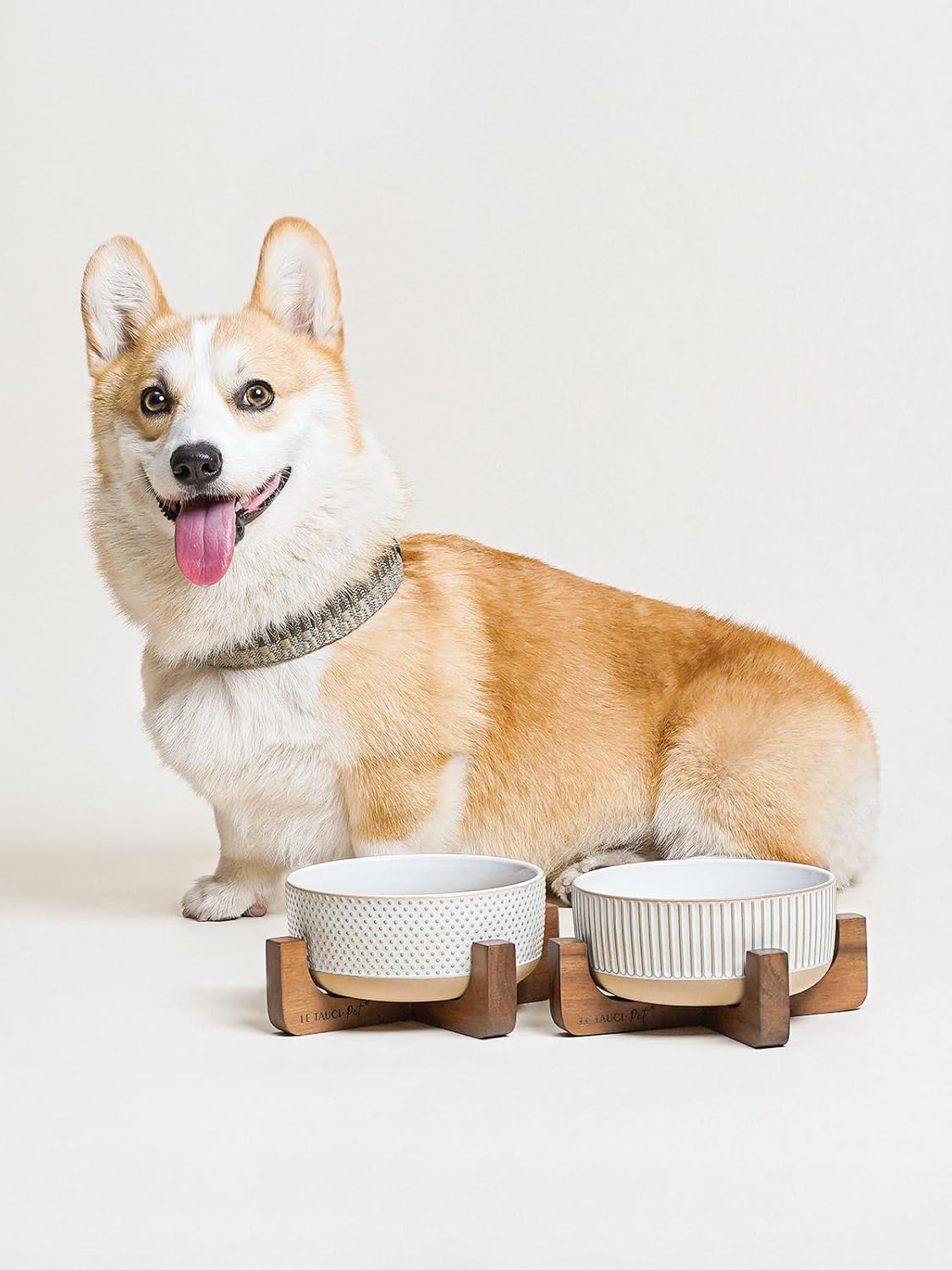 Ceramic Dog Bowls for Medium Small Dogs - 4 Cup Medium Dog Food and Water Bowls with Wood Stand, Cute Pet Dishes Set of 2, Lines+Dot