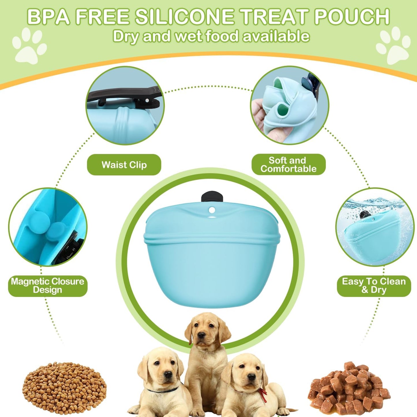 JIURUN Dog Treat Bag, Dog Training Kit - Treat Pouch, Pet Training Fanny Pack, Puppy Training Clicker, 2-in-1 Whistle Clicker, Collapsible Dog Bowl, 2 Dog Poop Bag（Gray）