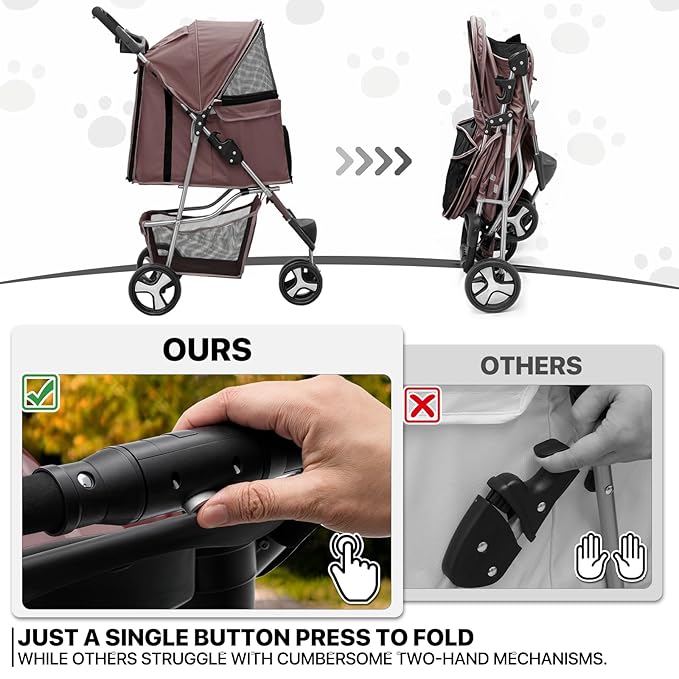 MoNiBloom Foldable Dog Strollers for Small Dogs with Weather Cover, 3 Wheels Pet Strolling Cart for Dogs and Cats with Storage Basket and Cup Holder, Breathable and Visible Mesh for All-Season, Coffee