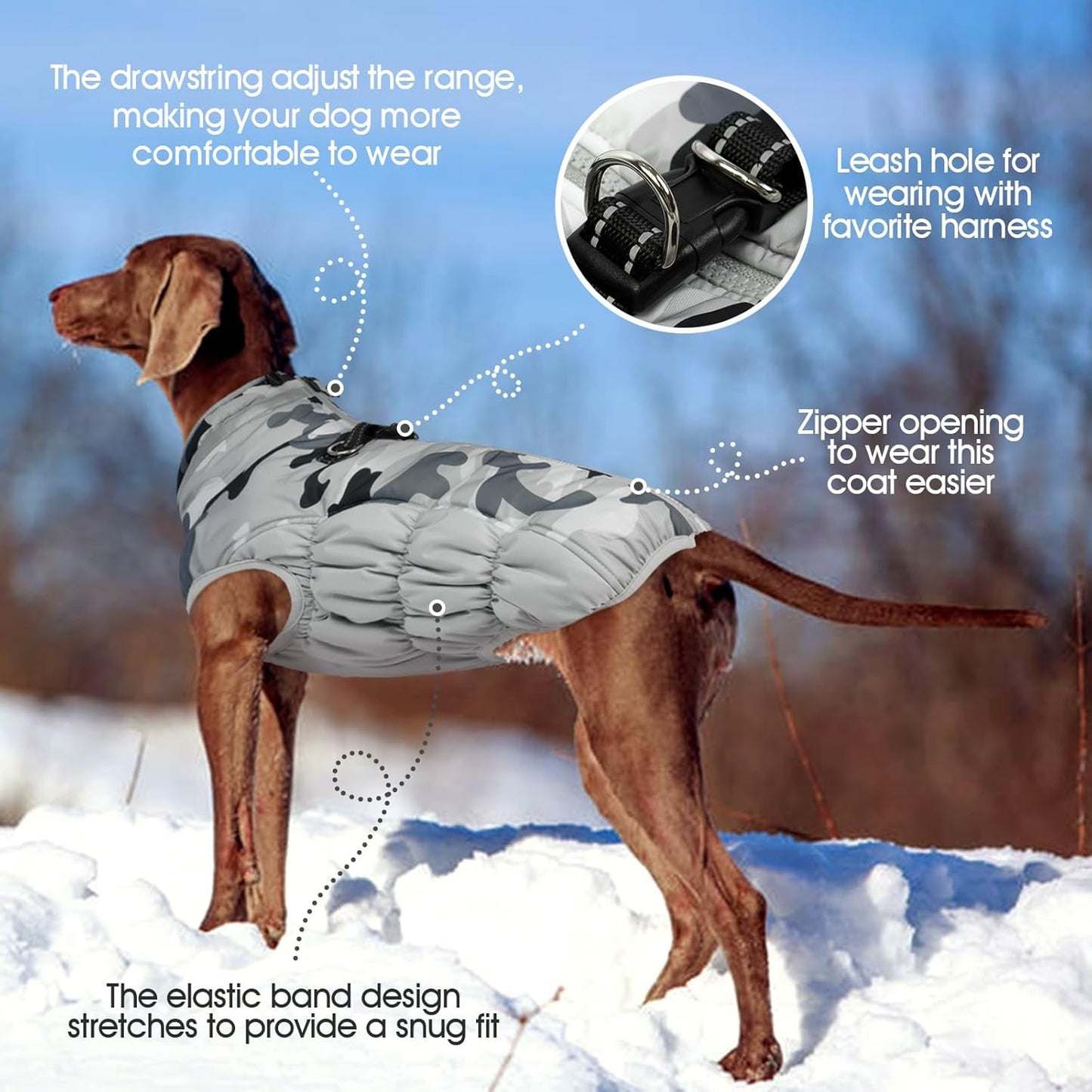 FUAMEY Dog Coat for Large Dogs,Waterproof Dog Winter Jacket with Harness Built in Puppy Cold Weather Coats Reflective Pet Vest with Zipper Warm Fleece Dogs Snowsuit Windproof Grey Camo XXL