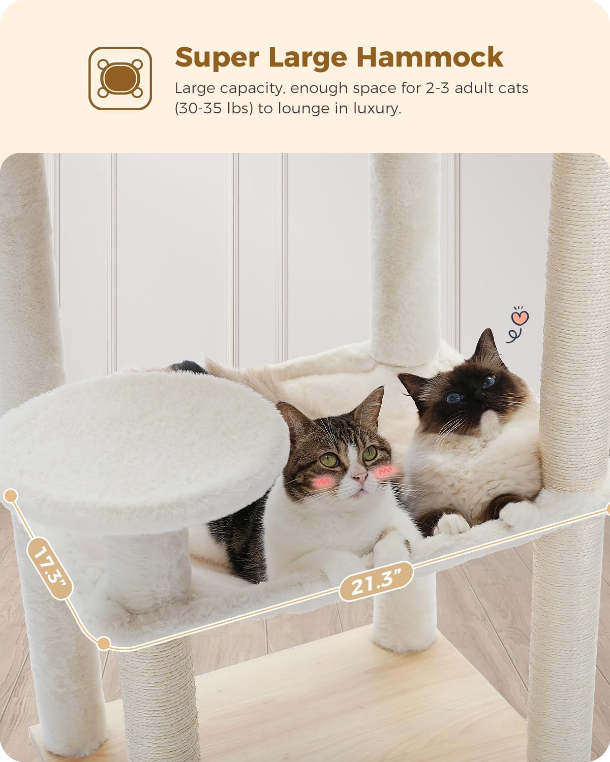 PETEPELA Wood Cat Tree for Indoor Cats Multi-Level Tower with Sisal Covered Scratching Posts, Cozy Condo, Super Large Hammock and Plush Perches Faux Rabbit Milk Fur Beige Rabbit Fur Wood Beige