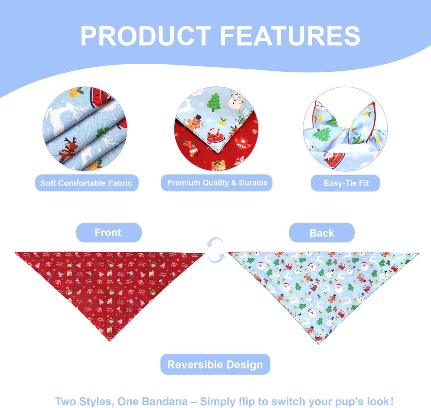 Christmas Dog Bandana for Large Dogs - Reversible Santa Snowman Print Scarf - Soft, Quick-Dry Pet Neckwear for Holiday Photos & Gifts