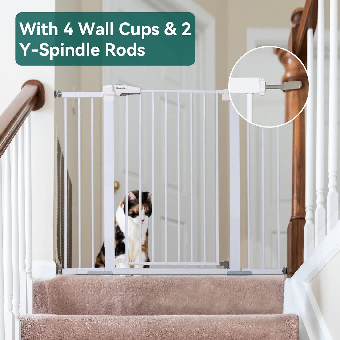 BABELIO 36" Tall Baby Gate, 29-48" Auto Close Pressure Mounted Dog Gate for Stairs, Doorways & Hallway, Protector Basics Easy Walk Thru Pet Gate, Metal Child Gate with 2*Y Spindle Rods, White