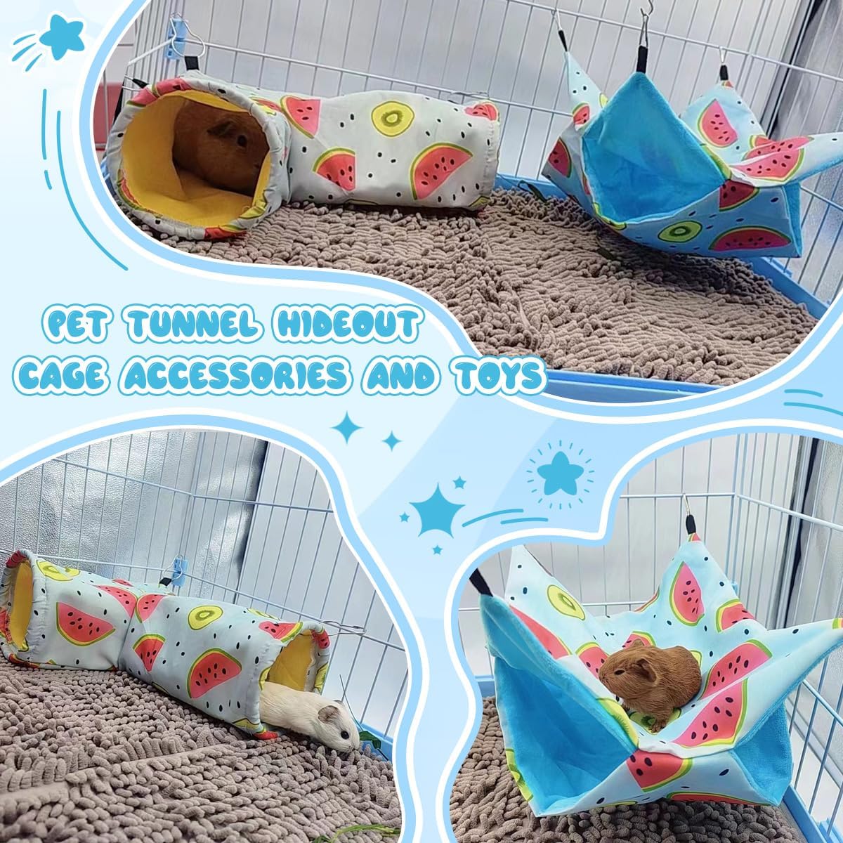 Large Caliber Guinea Pig & Rat Tunnel Hideout & Hammock, Corner Hideout Toy for Guinea Pig, Ferret, Hedgehog & Piggy to Hide and Shuttle (3. Tunnel-Watermelon)