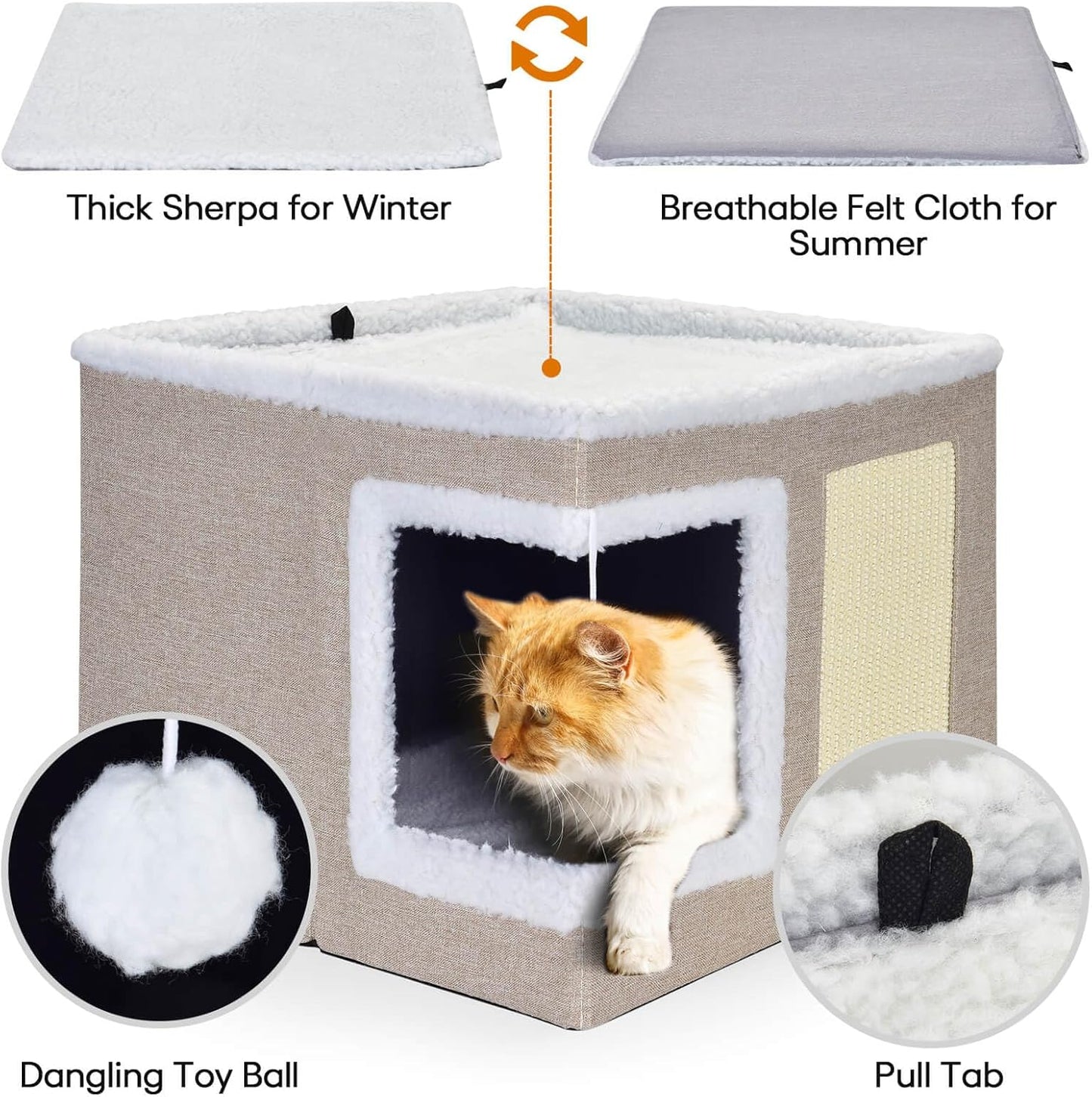 petizer Cat Bed for Indoor Cats, Large Covered Cat House with Scratch Pad, Foldable Cat Cave Bed & Hideaway Cube with Reversible Cushions, Cute Cat Condo for Multi Small Pet Kitten (Khaki)