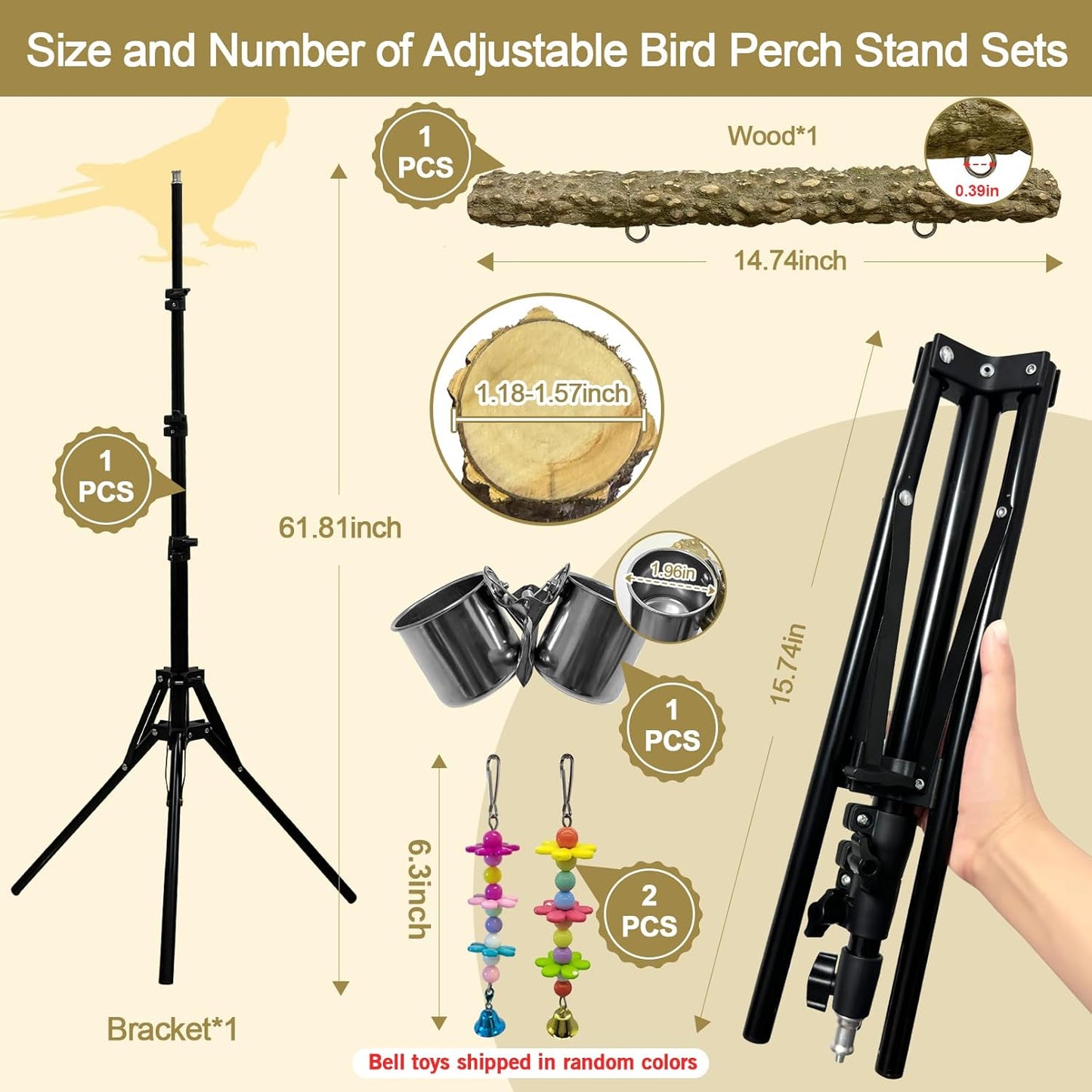 16-63 Inch Height Adjustable Bird Perch Pepper Wood Parrot Training Perch Stand with Feeding Cups and Swing Toy Parakeet Perches Indoor and Outdoor Parrot Stands for Small to Medium Bird