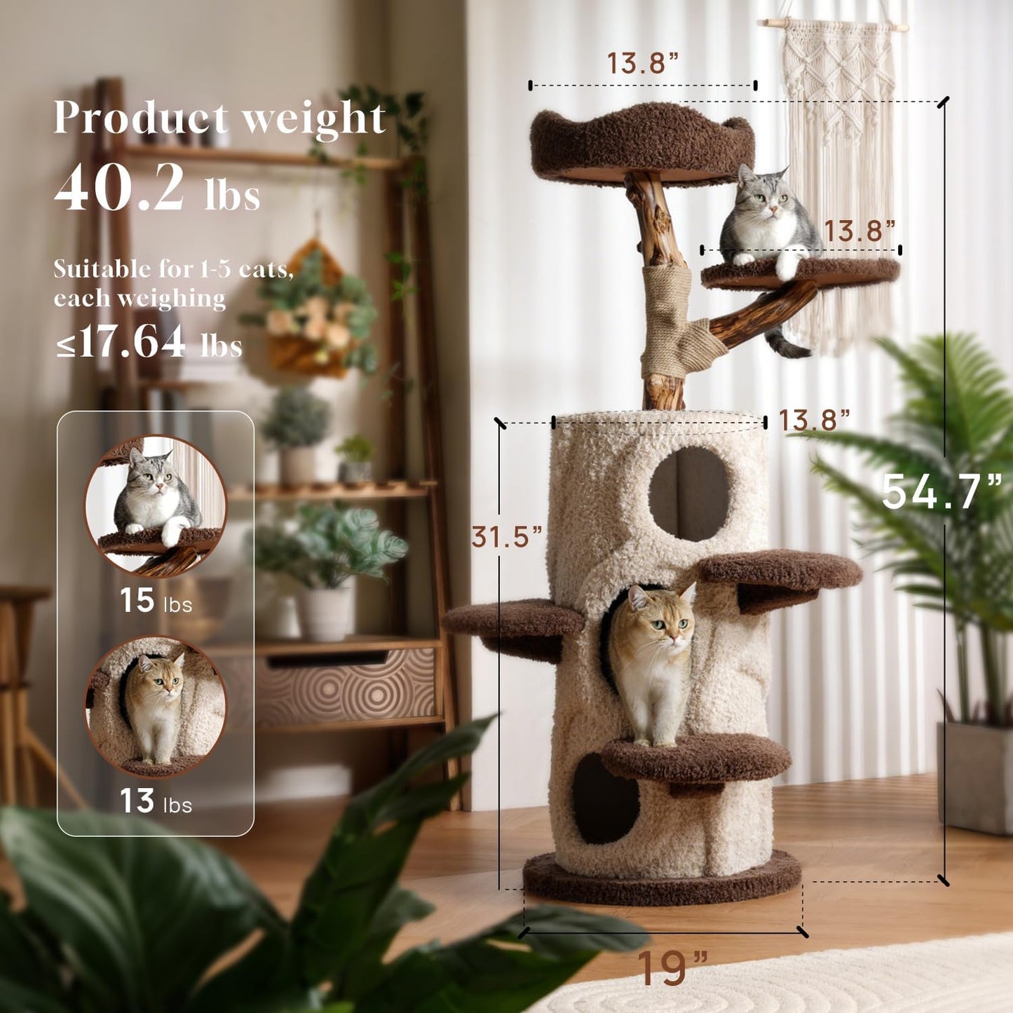 54.7'' Tall Modern Wood Cat Tree with 3 Level House, Luxury Cat Tower for Home Decoration, Large Cat Condo for Multi-Cat Families