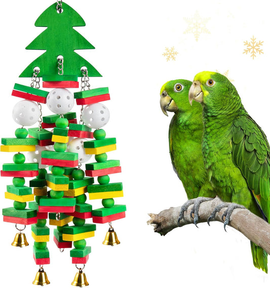 Christmas Large Bird Toy - Natural Wooden Parrots Toy with Colorful Edible Blocks for Macaws African Grey Amazon Parrots Cockatoos, Bird Chewing Toy for Gifts Playing(Green)