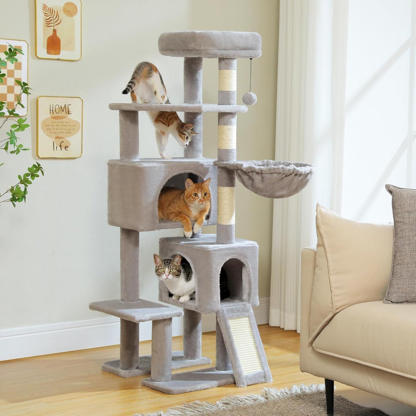 PAWZ Road Cat Tree, 51.6 Inches Cat Tower with Dual Condos, Spacious Perch, Cozy Basket and Sisal-Covered Scratching Posts for Indoor Cats- Gray