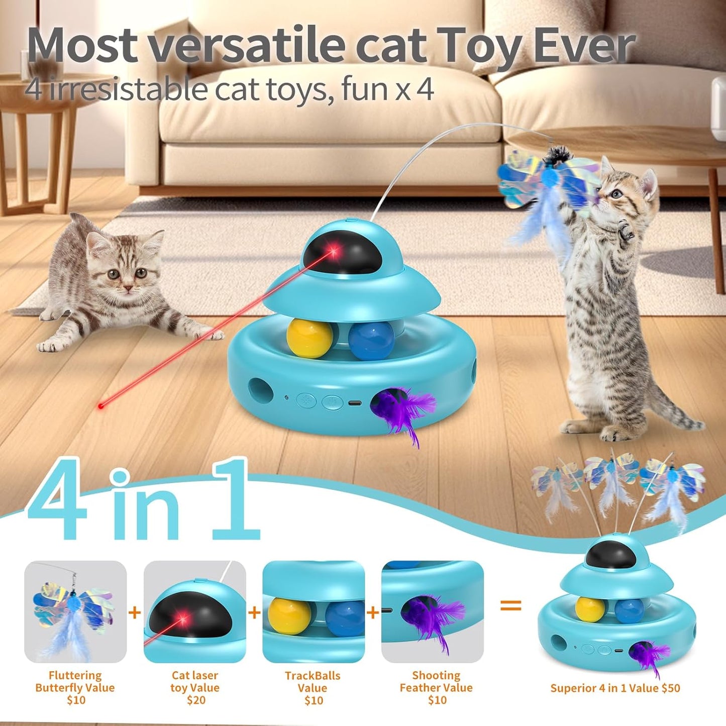 Cat Toys,4-in-1 Automatic Kitten Toy for Bored Indoor Adult Cats,lectric Flying Butterfly,Whack a Mole,Feather Track Balls,Blue