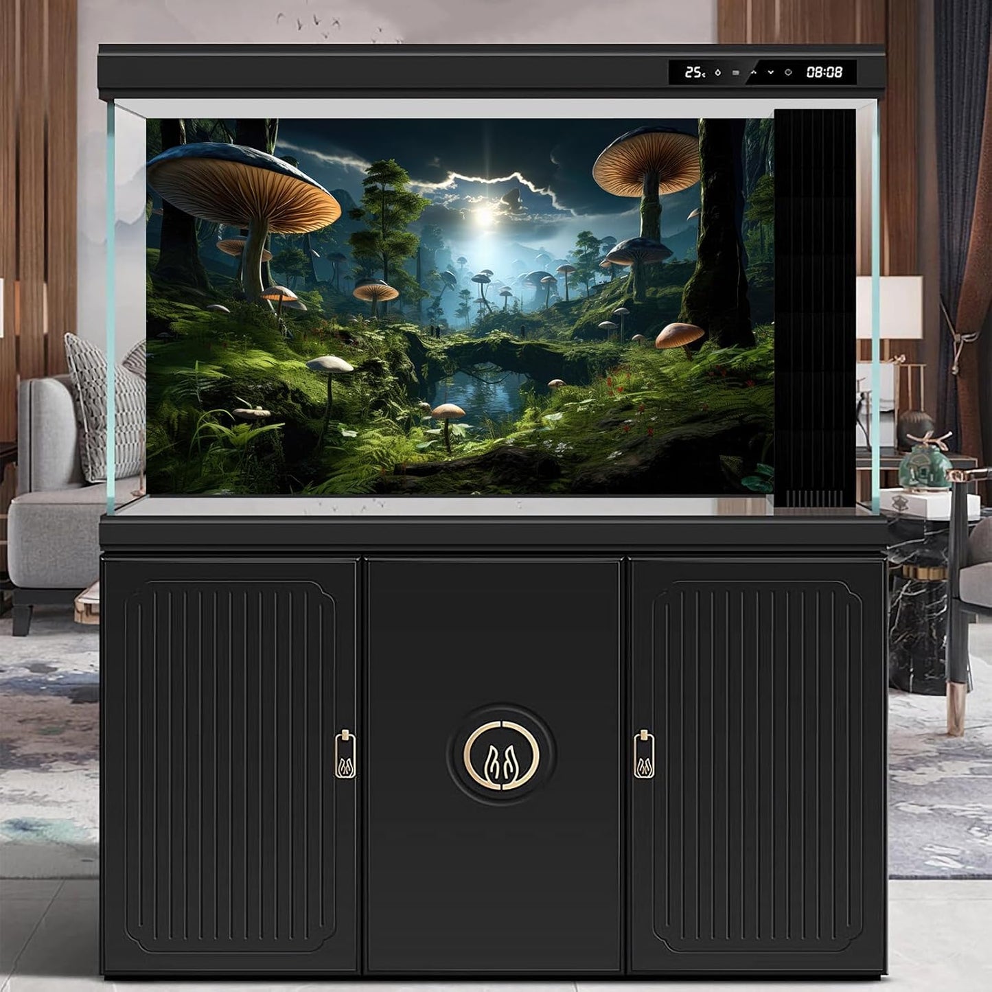 Fantasy Mushrooms Landscape Aquarium Background Tranquil Stream Cloudy Sky Terrarium Background Lush Green Tropical Plants Trees Fish Tank Backdrop Decoration Tank Background Poster 36x18in