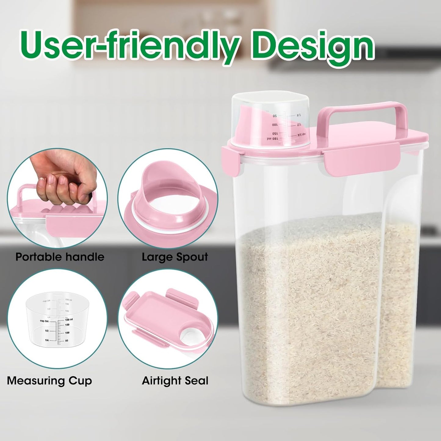 TBMax Rice Container 2 Pack, Airtight Cereal Container Oatmeal Storage with Easy-pouring Spout & Handy Cup for Flour Grain Beans, Pet Dog Cat Bird Food Storage Dispenser-Pink