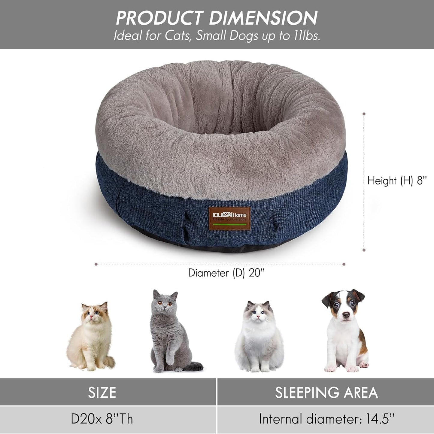 ClevaHome Cozy Cat Bed - Ultra-Soft Plush Pet Bed with Raised Sides and Anti-Slip Base, Comfortable Round Bed for Small Pets up to 11 lbs