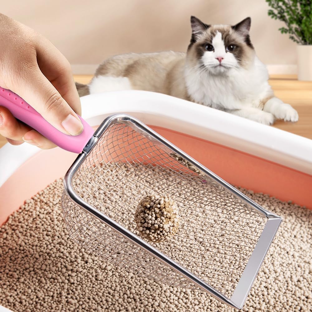 Cat Litter Scoop,Sturdy Litter Cleaner Corner Shovel,2Pcs Stainless Steel Mesh Litter Shovel,Easy to Clean Reptile Terrarium Sand Waste,Beach Shovel(Pink)