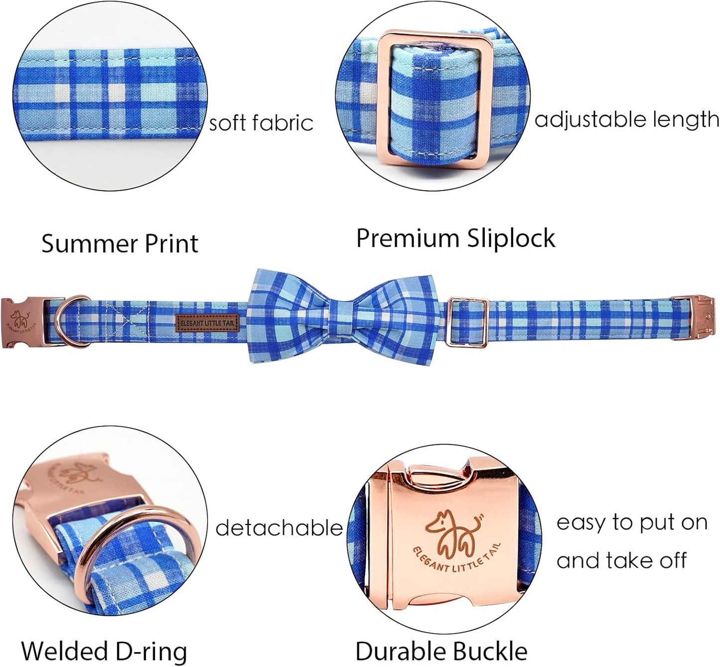 Elegant little tail Dog Collar with Bow - Blue Plaid Boy Dog Collar Cute Bowtie Pet Collar Adjustable Dog Collar for X-Large Dog