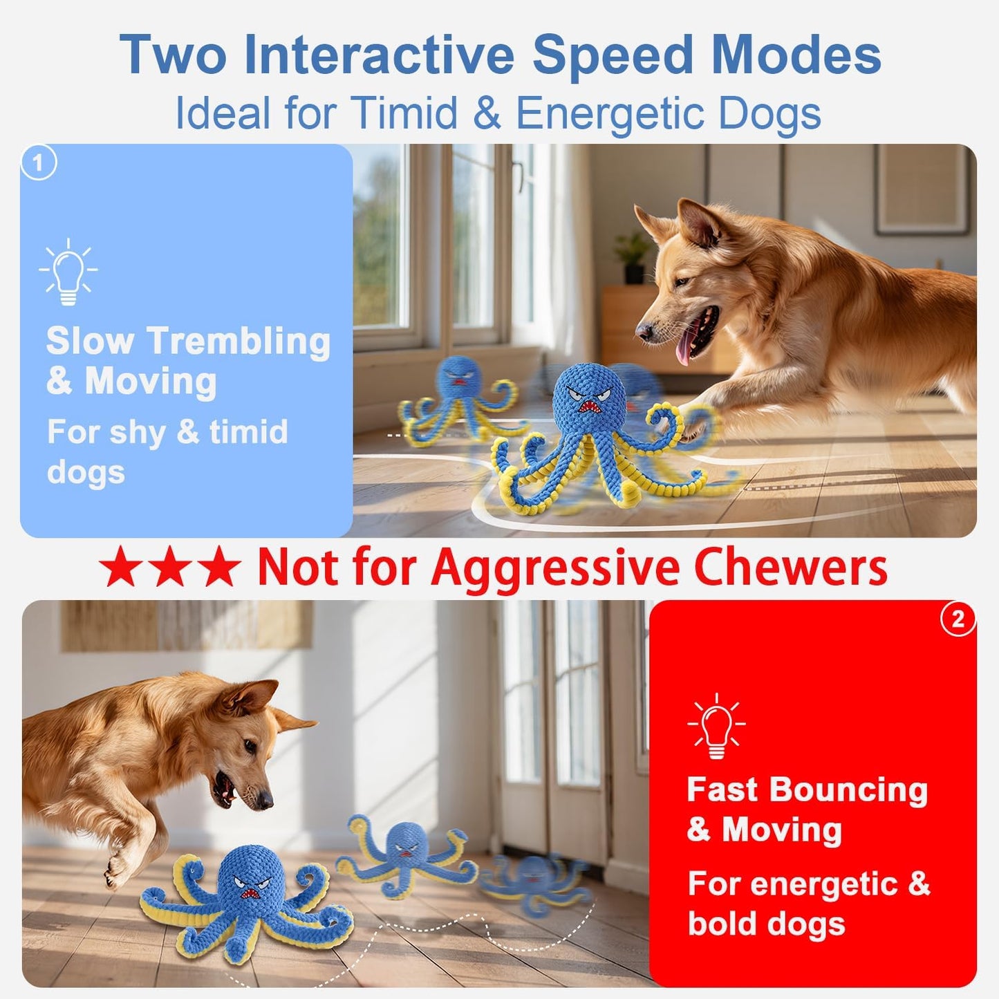 Interactive Dog Toys Octopus,Durable Automatic Jumping Dog Toy to Keep Them Busy,Squeaky Moving Tug of War Doggie Toy,USB Rechargeable,Not for Aggressive Chewers (Blue)