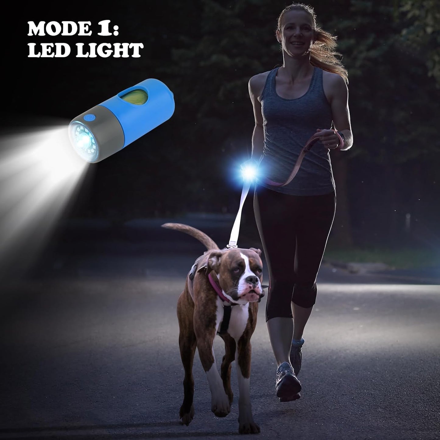Rechargeable Dog Poop Bag Dispenser With Safety LED Flashlight, Pet Waste Bag Holder with Carabiner Clip For Leash, Collar,Harness, and 15 PCS Extra Thick Doggy Waste Bags