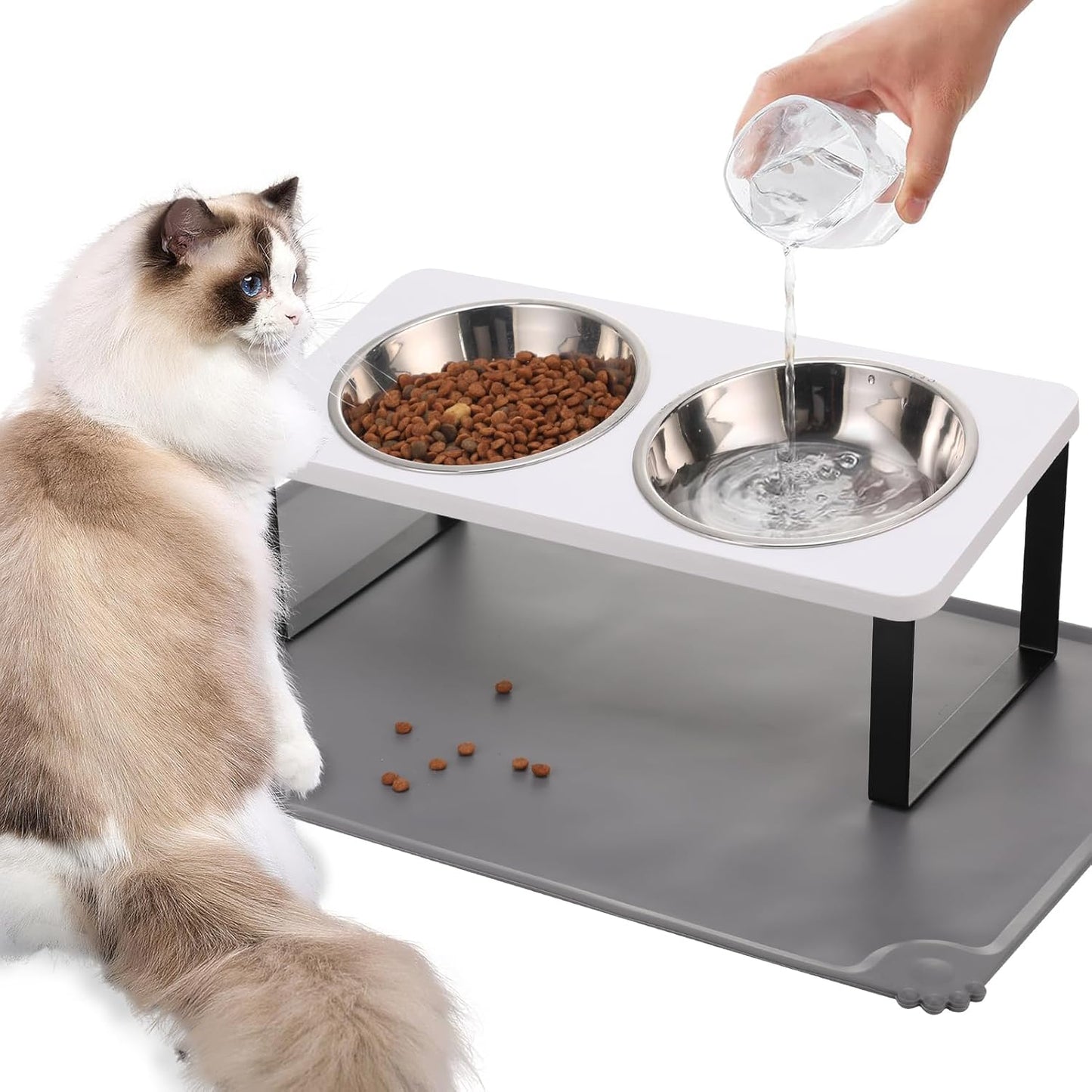 Upgraded Elevated Cat Bowls with Food Mat,15°Tilted Stand Anti Vomiting Raised Cat Dishes for Food and Water,2 Stainless Steel Bowls for Cats and Puppy（White）