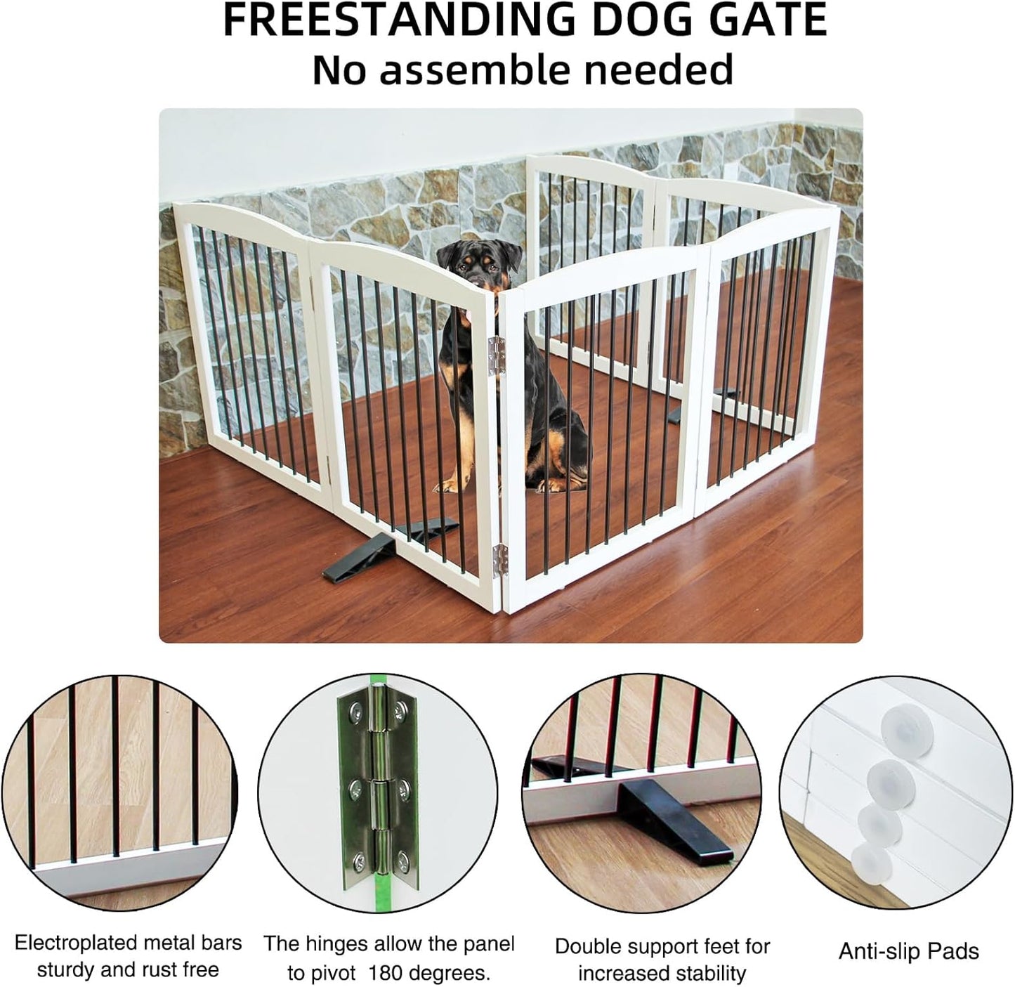 Freestanding Panel Dog Gate for Indoor Doorways, Stairs, or Hallways, Foldable Wooden Pet Gate, Support Feet Included, 24" Height-6 Panels, White