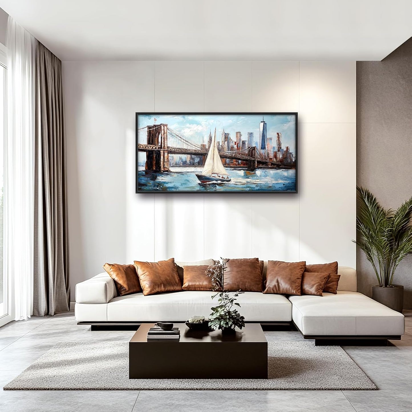 Extra Large Sailboat Framed Wall Art for Living Room,Oversized New York Brooklyn Bridge Pictures Wall Decor,Cityscape Canvas Print Painting Modern Artwork Bedroom Office Bathroom 60L" x 30W"