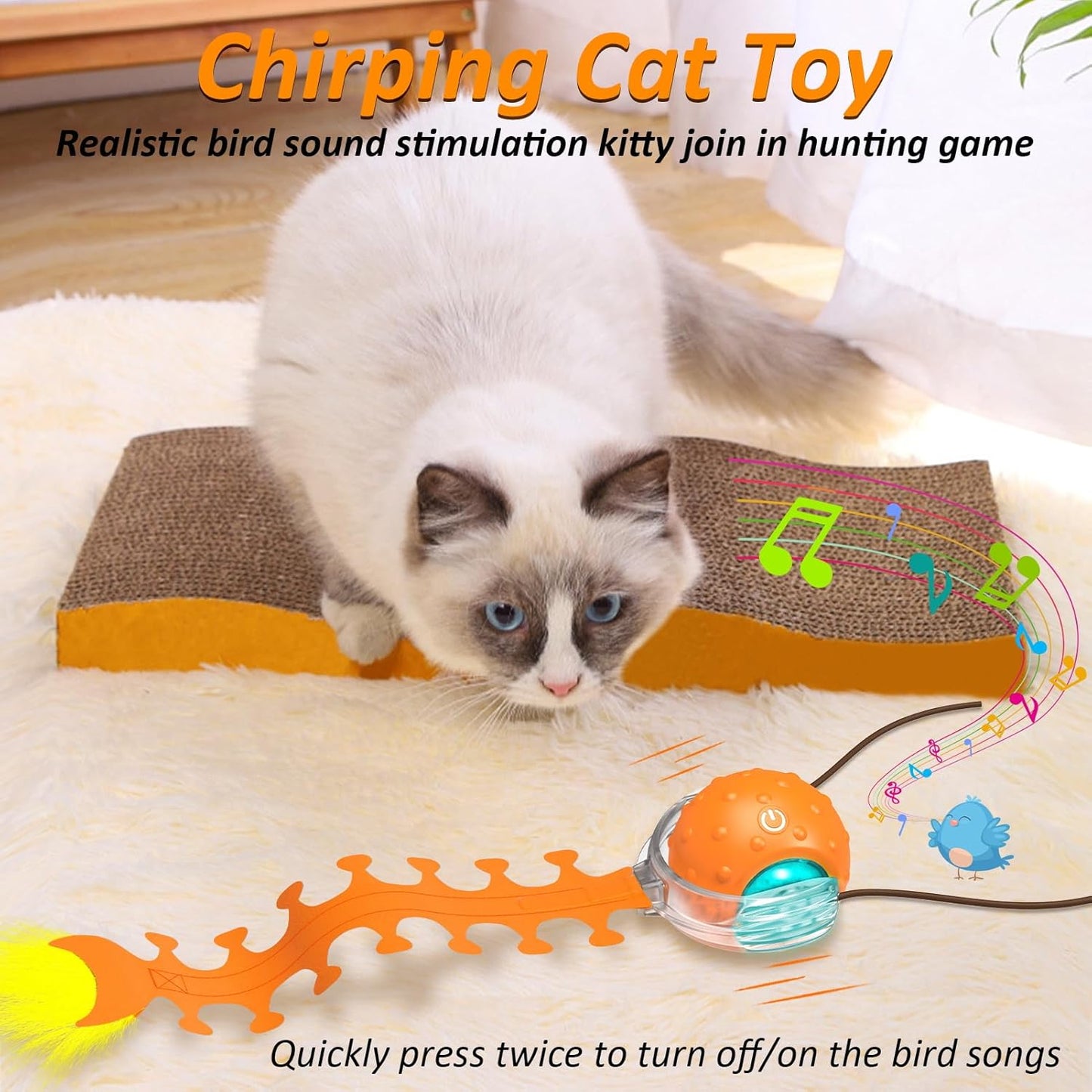 Interactive Cat Toys for Indoor Cats, Fast Rolling Cat Ball with Centipede Tail, Birds Chirping Touch Activated Automatic Kitten Toy, Rechargeable Toys for Cats to Keep Them Busy