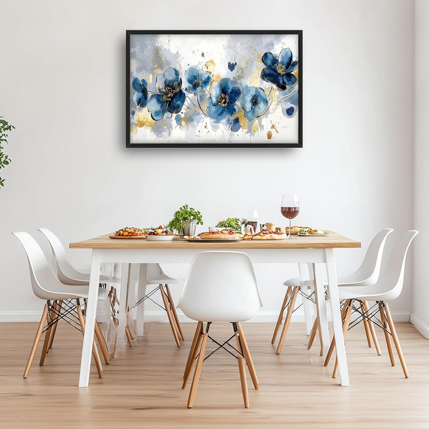 Extra Large Framed Abstract Blue Flower Wall Art,Oversized Golden Grey Floral Wall Decor Pictures for Living Room,Canvas Print Painting Modern Artwork Bedroom Office Bathroom Home Decor 36L" x 24W"