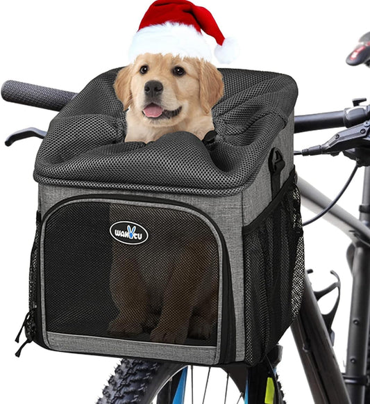 Dog Bike Basket Carrier, Pet Bicycle Front Carrier Backpack for Bike Riding Foldable Removable, Reflective Strips, 2 Side Storage Pockets, Pet Travel Bag for Cats Small Dogs