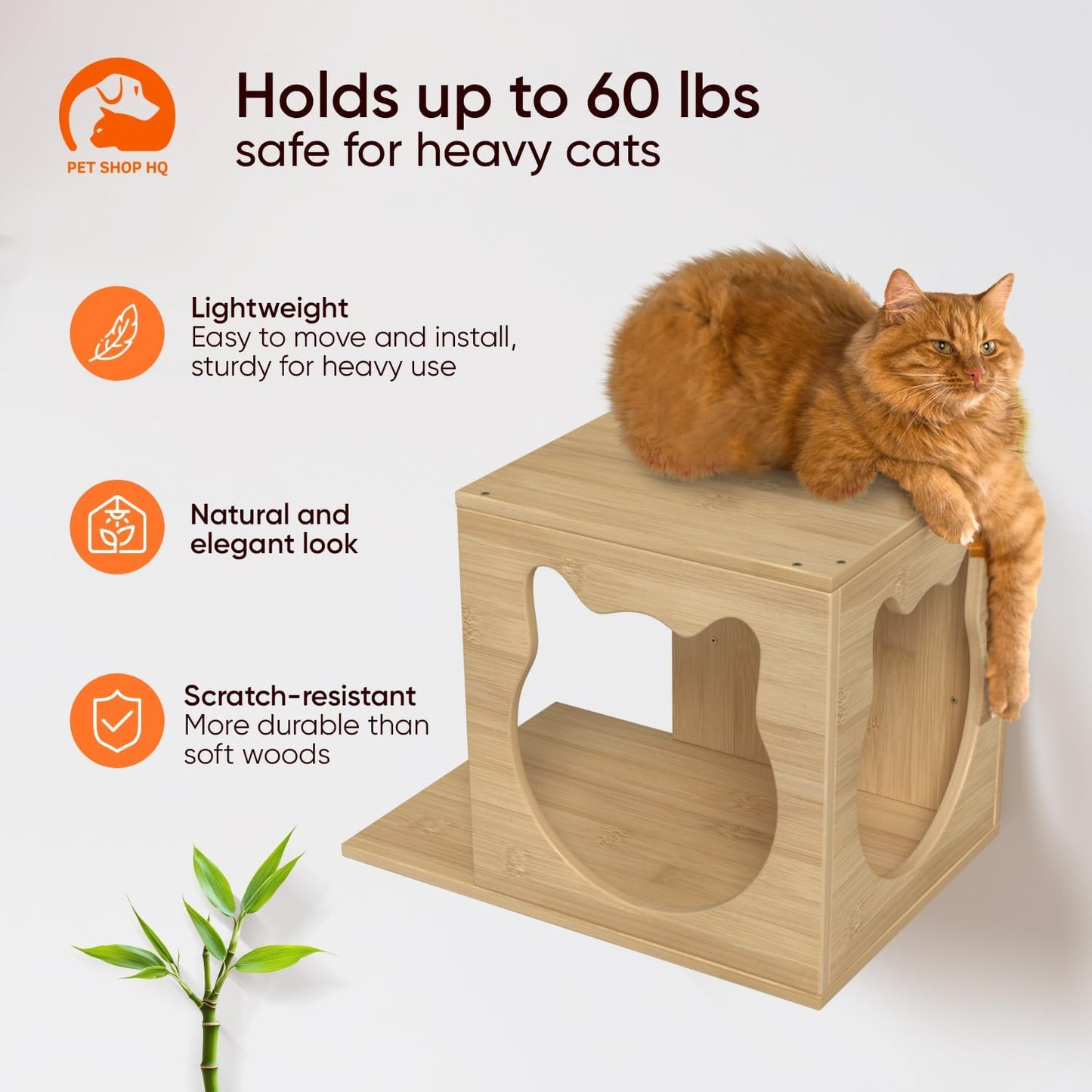 Cat Wall Furniture - Climbing Shelves, Ladders, Cat House, Hammock, Bed, Bridges, Walkways - Bamboo Material - Light Brown - Cat Furniture