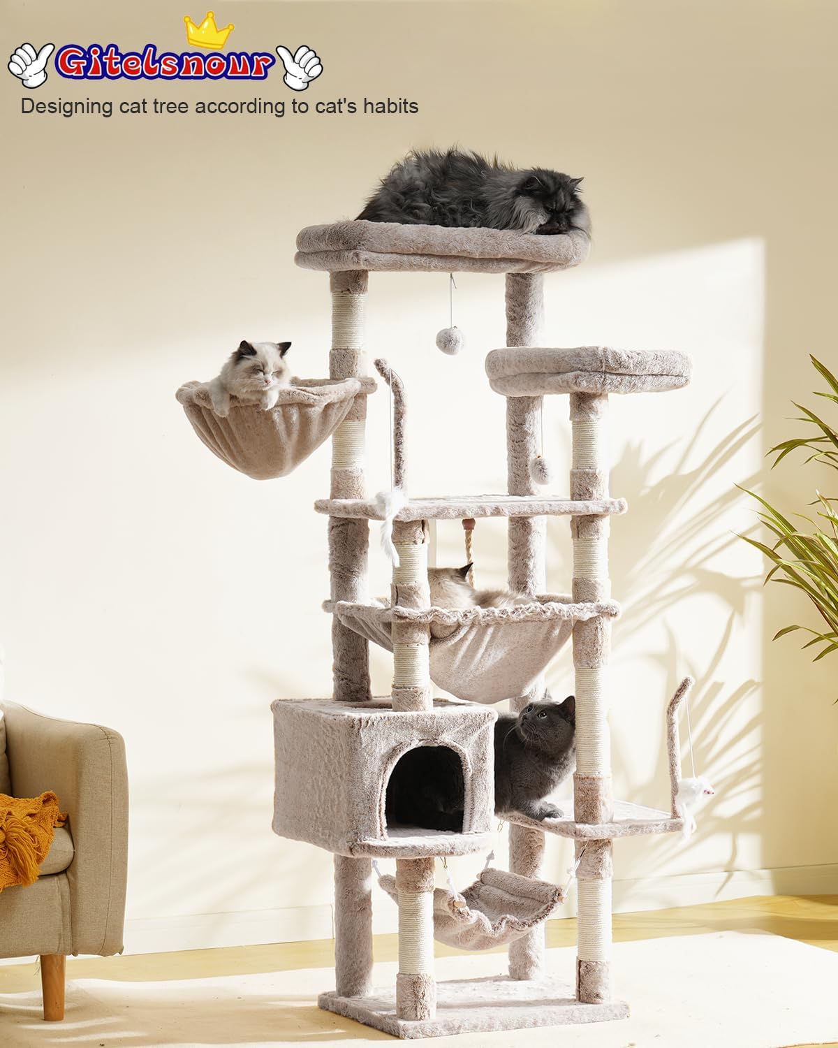 Cat Tree, Cat Tower for Large Cats with 2 Big Platforms, 2 Baskets, condo and Toys, 63" Cat Scratching Posts for Indoor Cats, Muchroom GCT020MU