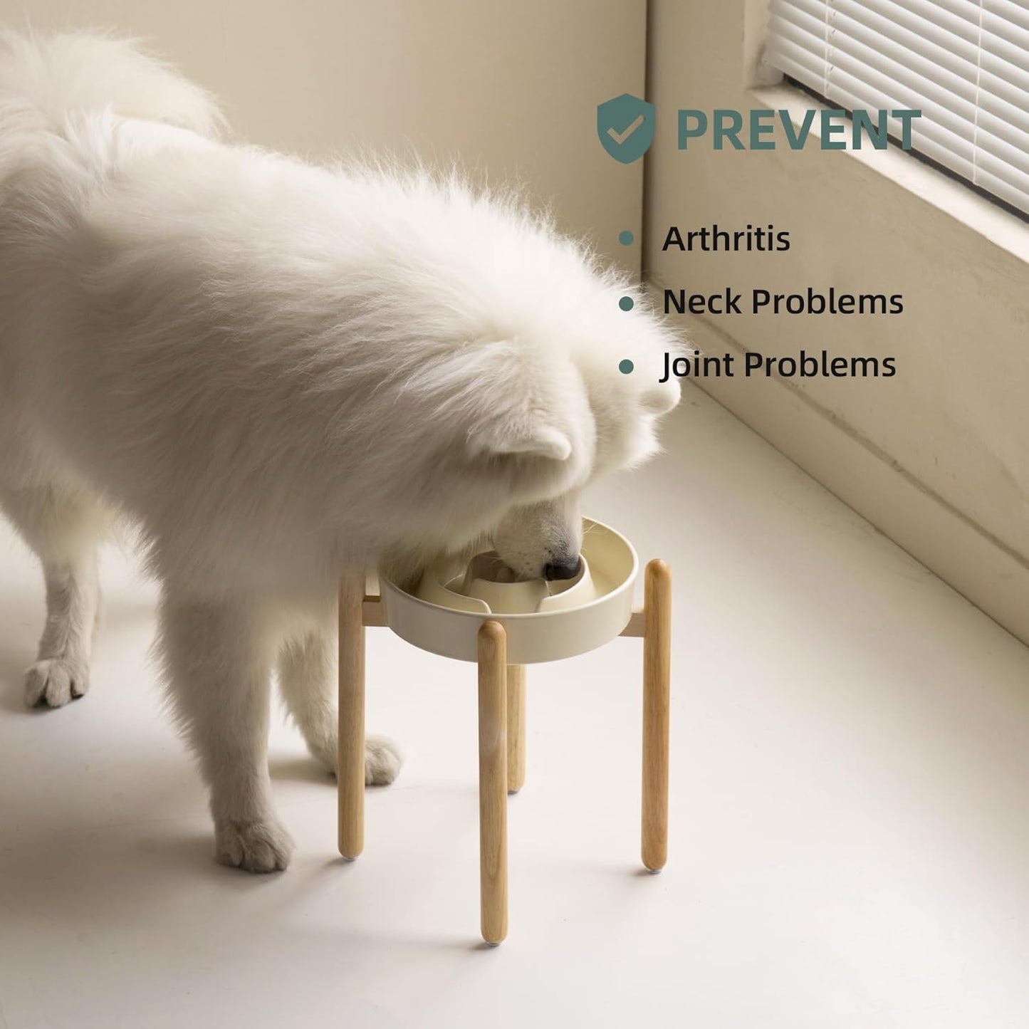 9.5inch Ceramic Raised Slow Feeder Dog Bowl Set, Elevated Bowl with Wooden Stand for Large Dog, Puzzle Slow Pet Food Dish, Anti-Gulping(Beige, Single Bowl+ Stand)