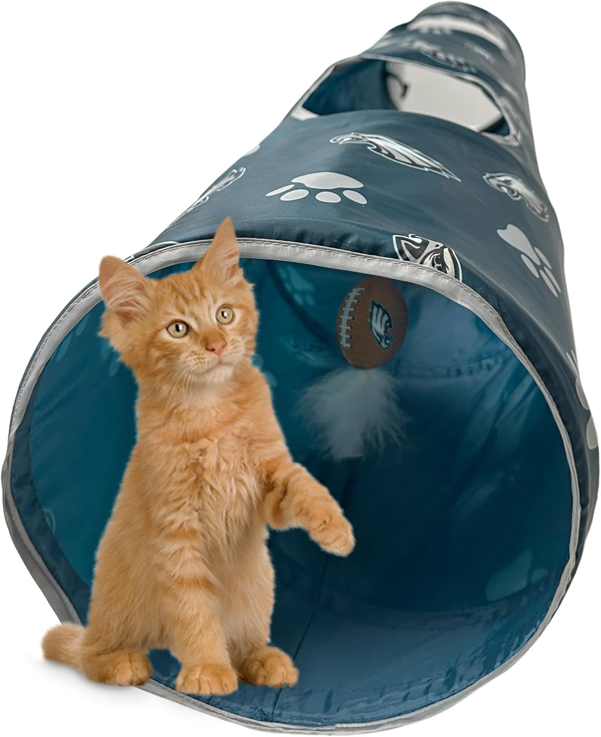 NFL Philadelphia Eagles Cat Tunnel Tube Toy with Plush Football Catnip and Feathers Collapsible Tunnel for Cats to Play, Peek and Hide, Sporty & Fun Cat Tunnel Toy with Team Logo All-Over Design!