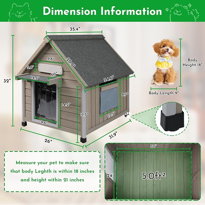 Outdoor Dog House Weatherproof Large Wooden Dog Kennel Indoor for Small Dogs with Chew-Proof Frame, Oxford Fabric Window, Removable Floor Pet Shelter (Grey, 26" D x 31.9" W x 32" H)