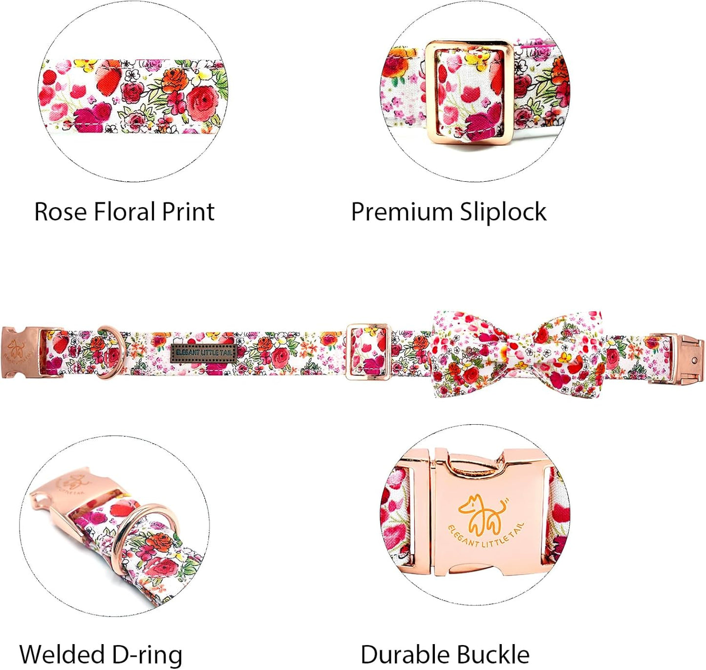 Elegant little tail Dog Collar, Pink Rose Print Pet Collar Summer Dog Collar Durable Metal Buckle Dog Collars Cotton Pet Adjustable Dog Collars for Medium Dogs