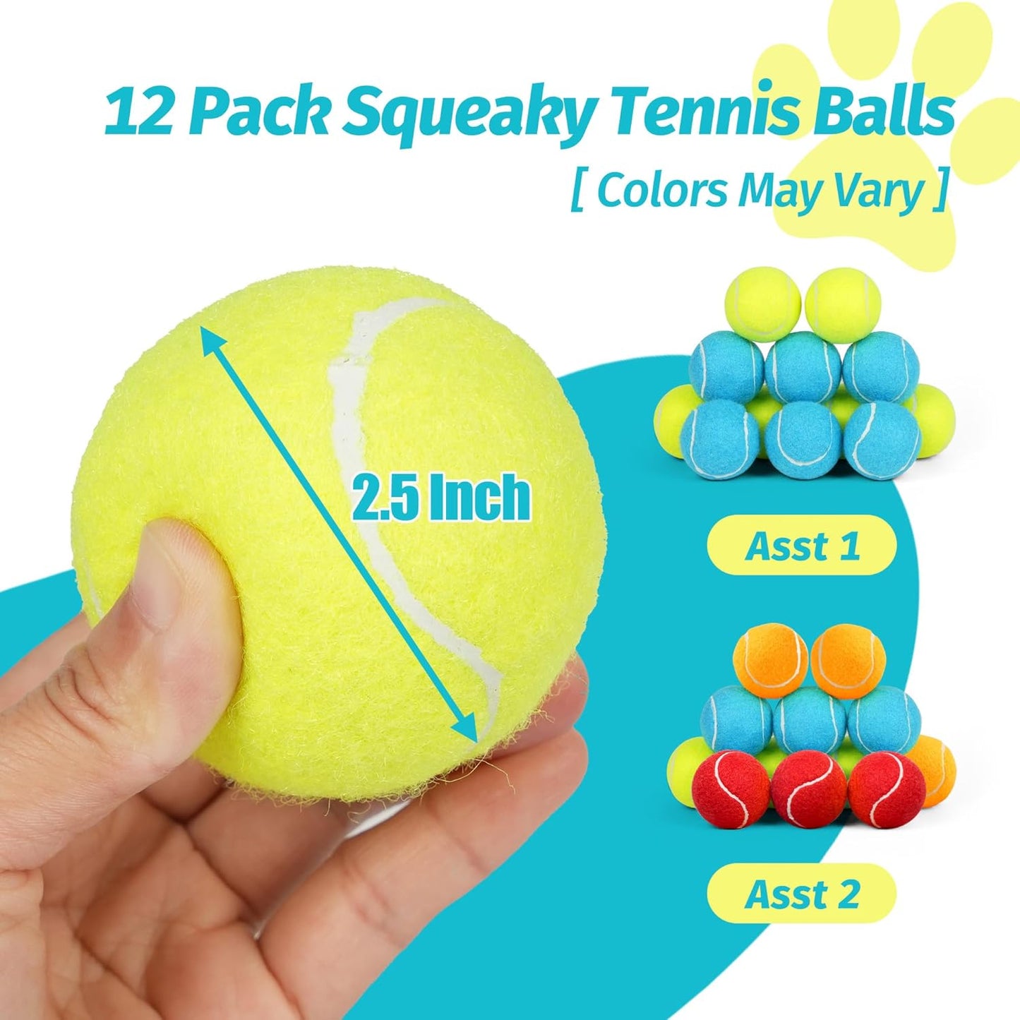 Prime Pets Tennis Balls for Dogs, 2.5 Inch, 12 Pack, Squeaky Dog Toy, Interactive Pet Fetch Ball for Medium and Large Dogs, Squeaky Dog Toys