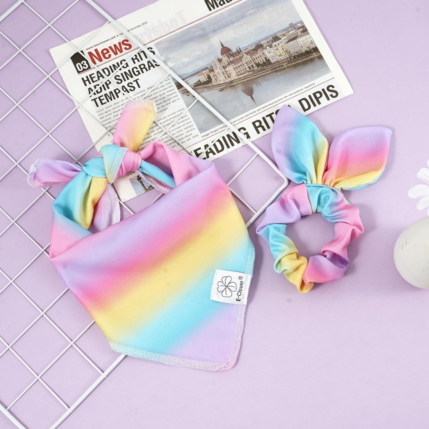 E-Clover Rainbow Dog Bandana & Matching Scrunchie Pink Purple Yellow Pet Dog Scarf Cute Dog Costumes Accessories for Small Medium Large Dogs