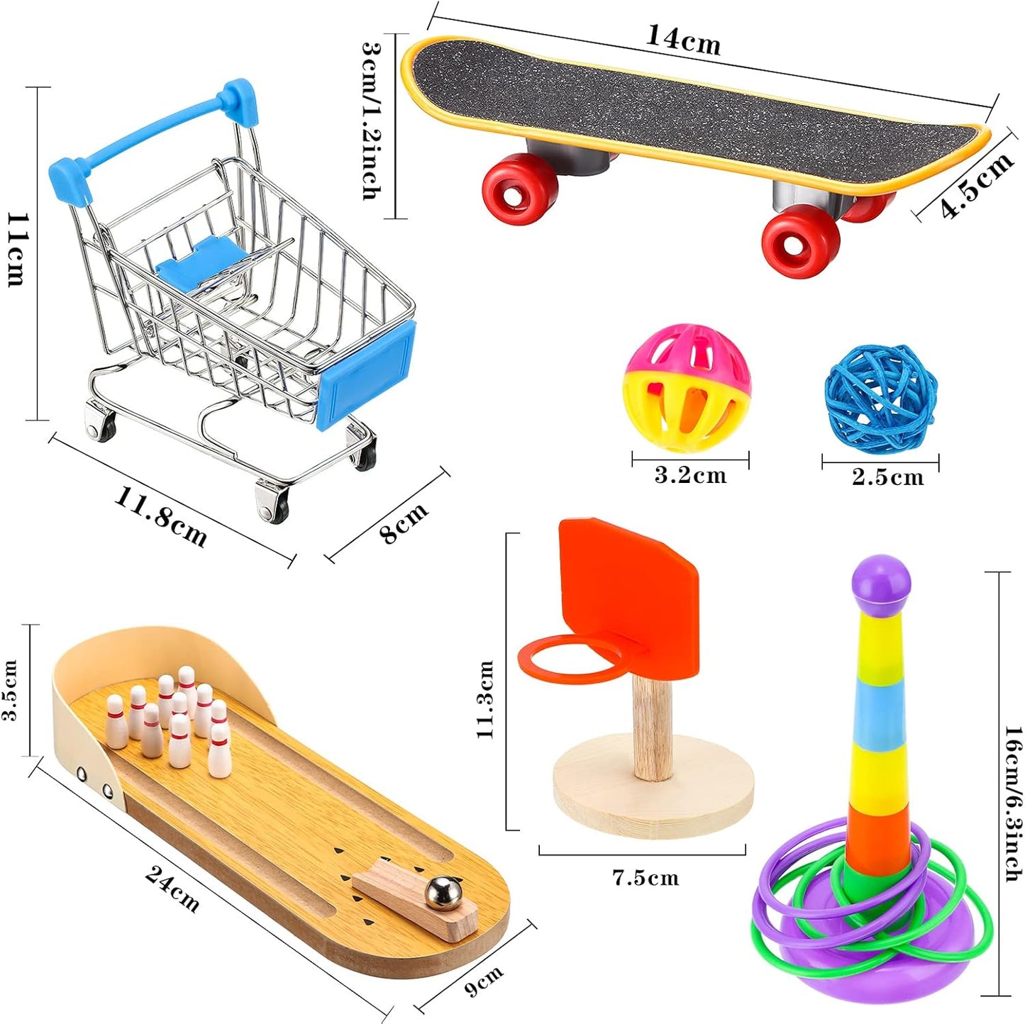10 Bird Training Toys - Parrot Intelligence Toys for Parakeet, Cockatiel, Macaw - Includes Bowling, Basketball, Rings, Shopping Cart, Skateboard, Bell, Ball - Random Color