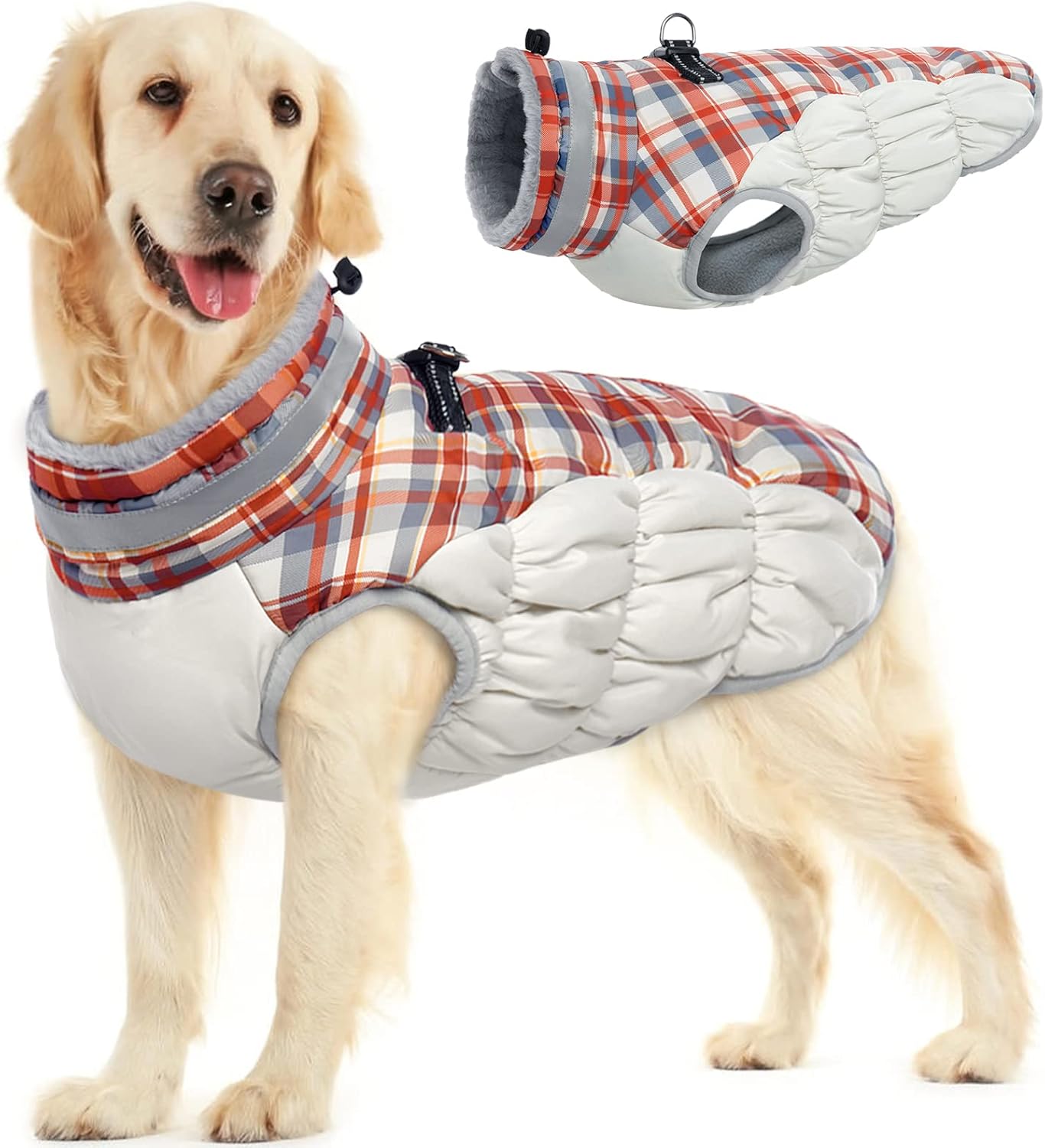 FUAMEY Dog Coat for Medium Dogs,Waterproof Dog Winter Jacket with Harness Built in Puppy Cold Weather Coats Reflective Pet Vest with Zipper Warm Fleece Dogs Snowsuit Windproof Red Plaid M