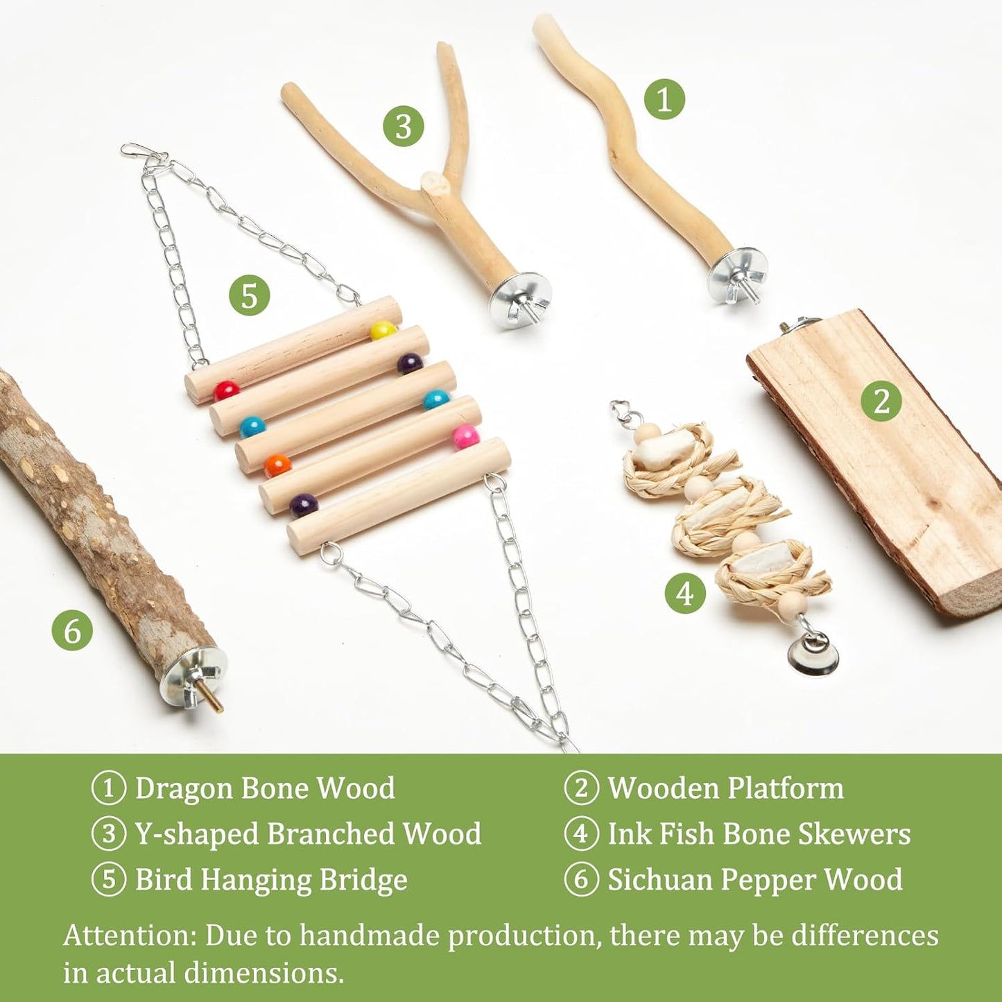 Bird Perches for Cage 6pcs Natural Bird Stand Branch for Cage with Hanging Bridge, Parrot Swing Toys Chewing Climbing Standing Branches Wood Pole Paw Grinding Fork Parakeet Platform