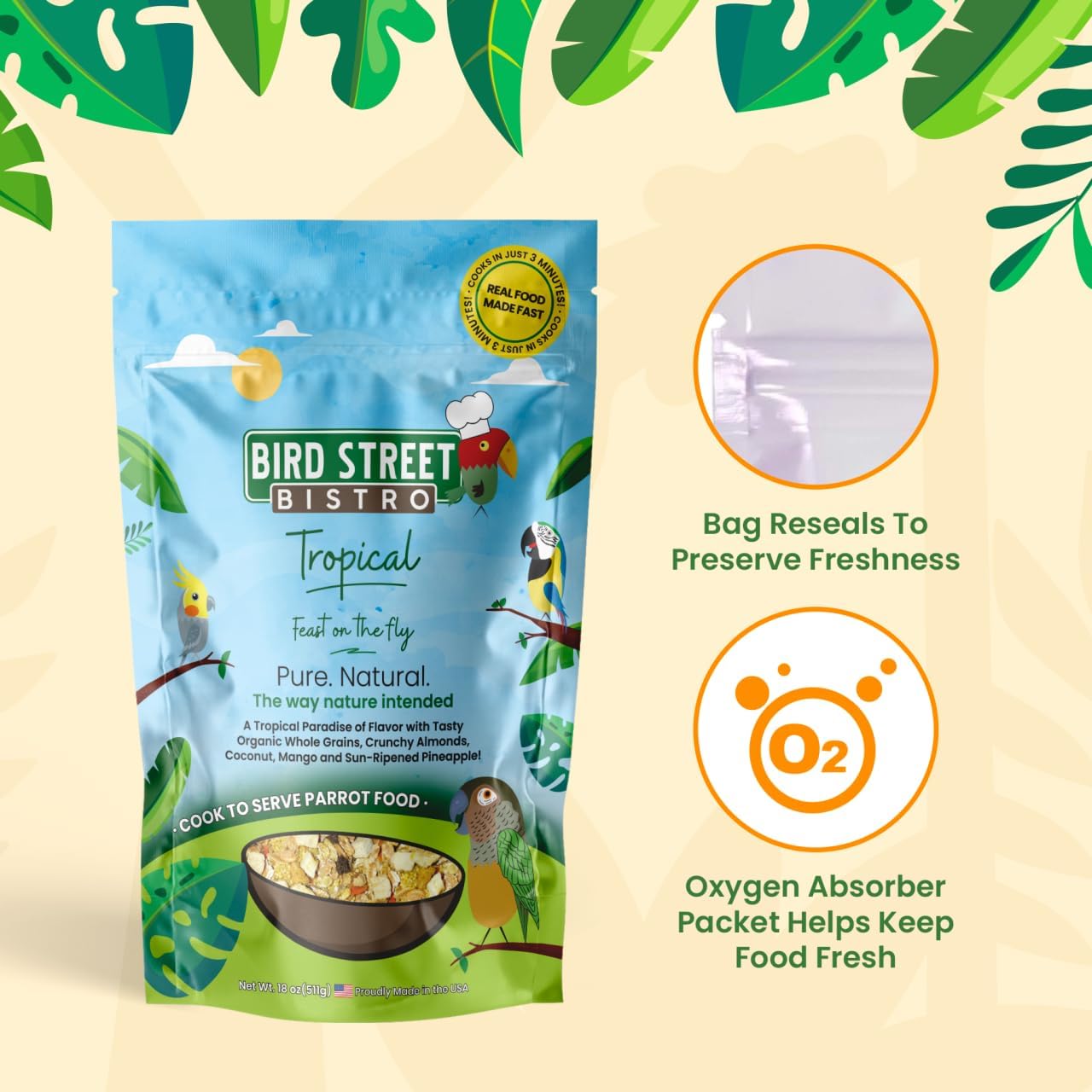 Parrot Food - Parakeet- Cockatiel Food - Bird Food - Cooks in 3-15 min w/Natural & Organic Grains - Legumes - Non-GMO Fruits, Vegetables, & Healthy Spices