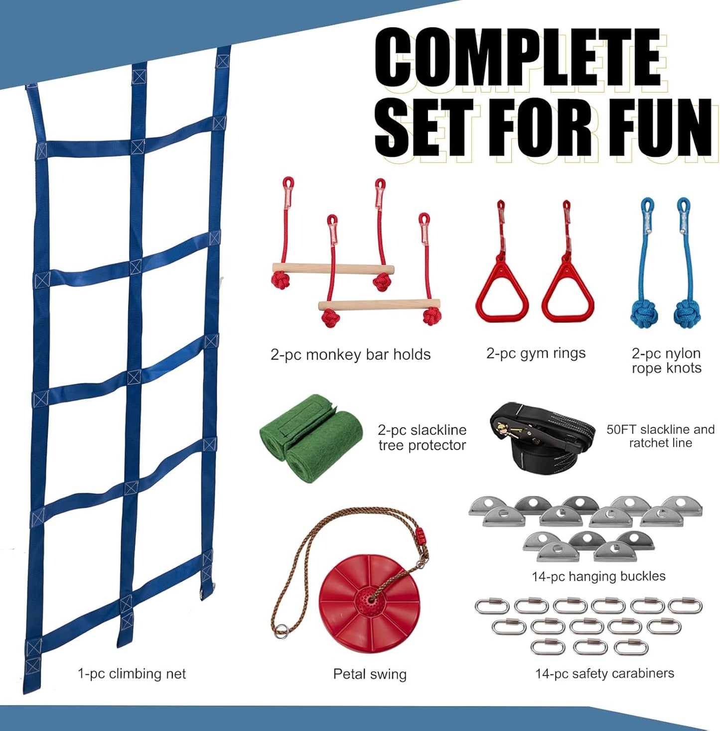 Slsy Ninja Warrior Obstacle Course for Kids, 50FT Durable Ninja Slackline Kit with 8 Complete Accessories, Playset Equipment with Swing, Climbing Net, Ladder & Monkey Bars (8 Obstacles)