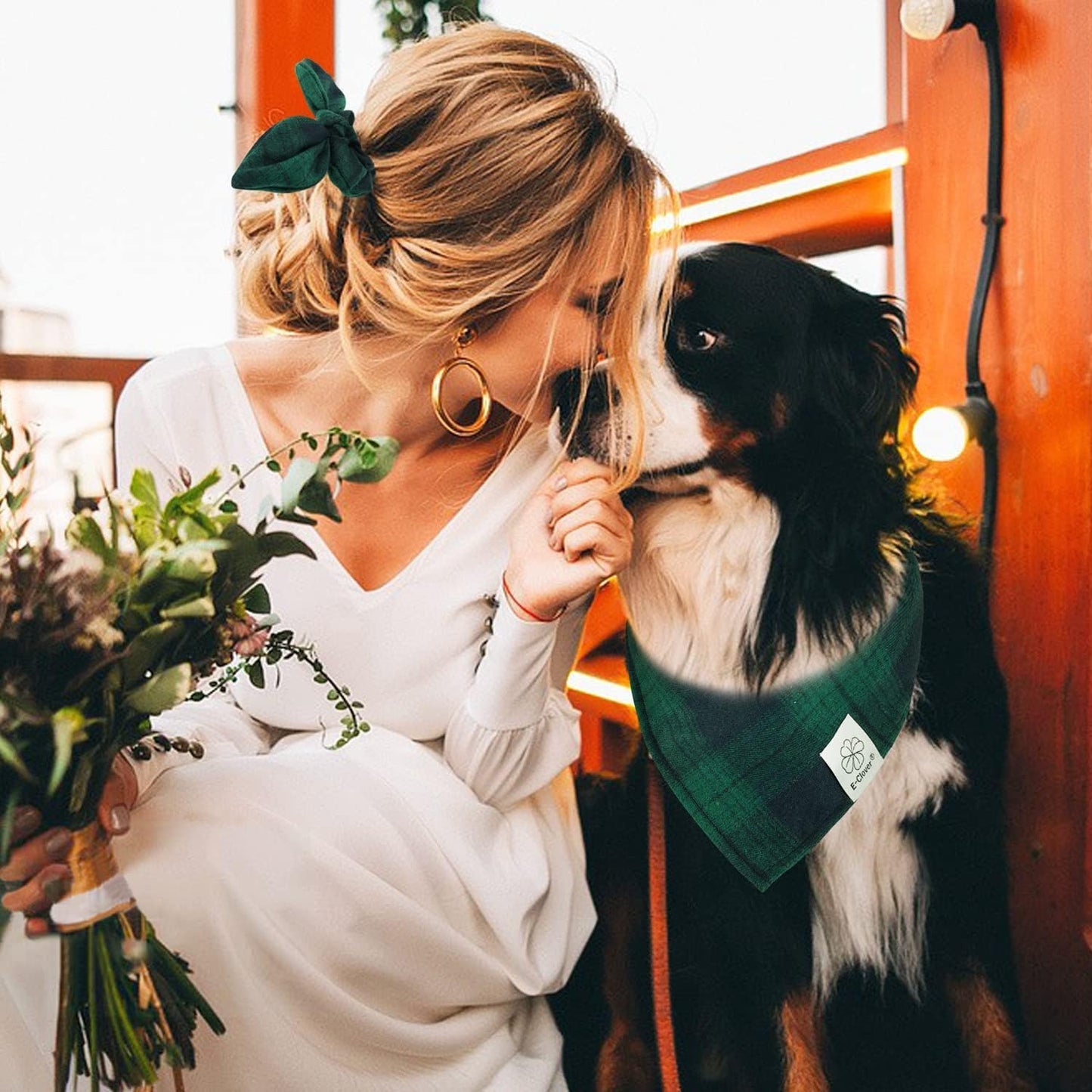 E-Clover Summer Dog Bandanas Boy & Matching Scrunchie Set Plaid Dog Bibs Scarf Triangle Kerchief Bandana for Medium Large Dogs Birthday Gifts Pet Owner Mom Green