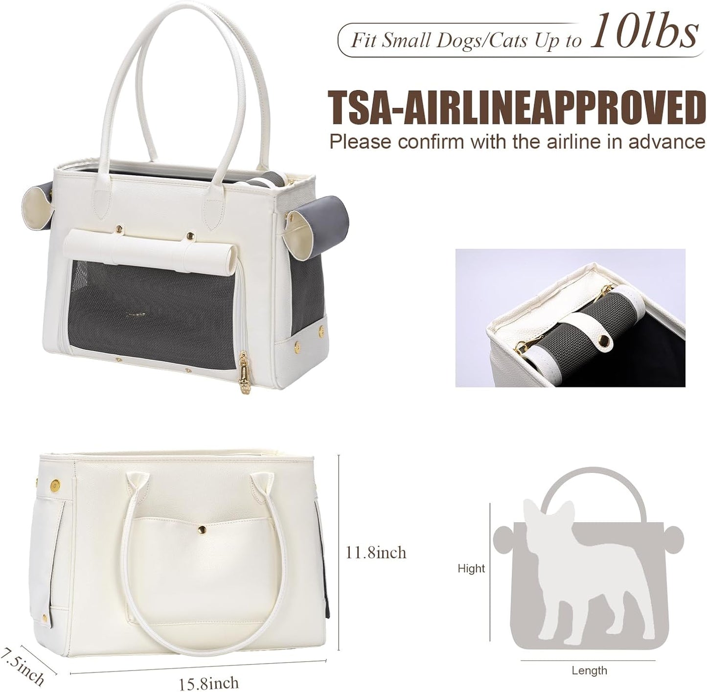 Fashion Pet Carrier Purse for Small Cat and Dog, Luxury Pu Soft-Sided Tote Bag with Large Pockets for Dogs and Puppies (White, 15.8" L x 7.5" W x 11.8" H)