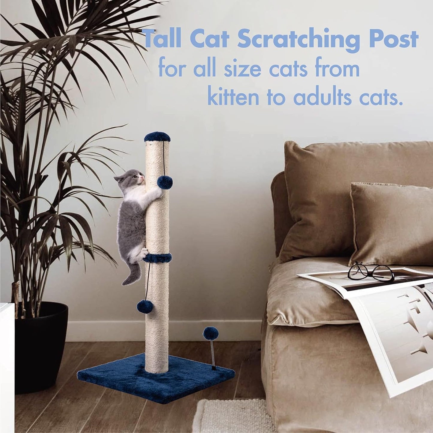 MECOOL 34“ Tall Cat Scratching Post Premium Basics Kitten Scratcher Sisal Scratch Posts Trees with Hanging Ball for Indoor Cats, Navy