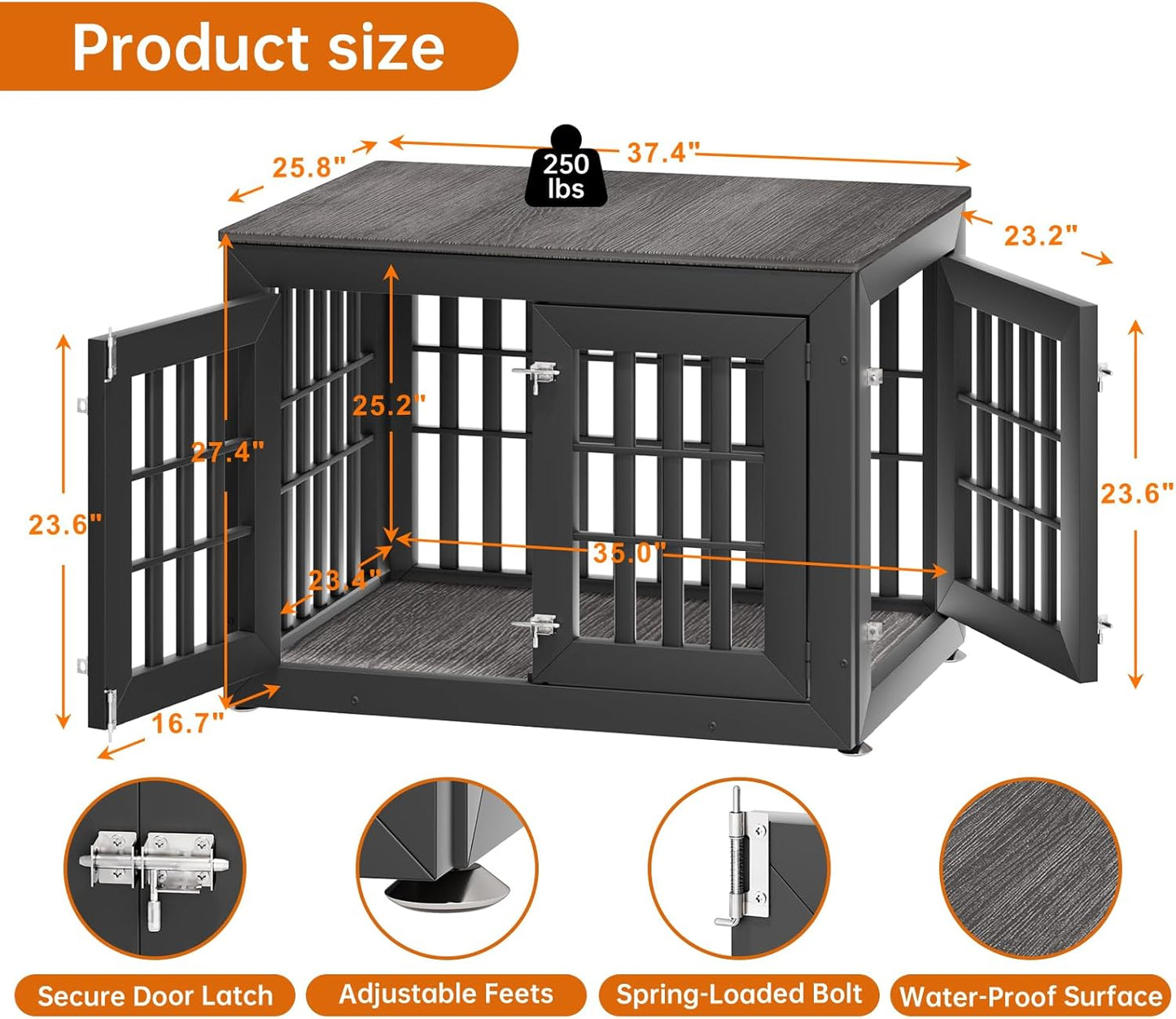 38" Heavy Duty Dog Crate Furniture for Small,Medium and Large Dogs,Rustic Wooden Dog Cage Kennel Indoor Furniture with Waterproof Top,Decorative Pet House Side End Table (Black & Grey)