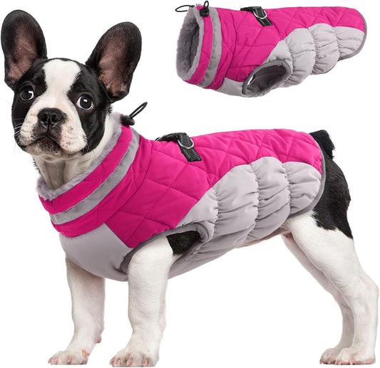 FUAMEY Dog Coat for Small Dogs,Waterproof Dog Winter Jacket with Harness Built in Puppy Cold Weather Coats Reflective Pet Vest with Zipper Warm Fleece Dogs Snowsuit Windproof Pink S