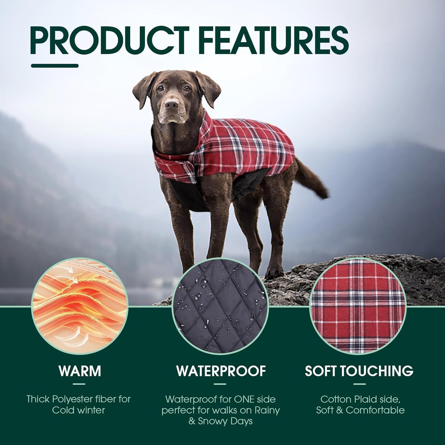 Kuoser Warm Dog Coat, Waterproof Dog Jacket for Extra Large Dogs, Adjustable Durable XL Doggie Winter Coat Reversible Cozy Puppy Cold Weather Apparel from Small to Large Breed, Red XL