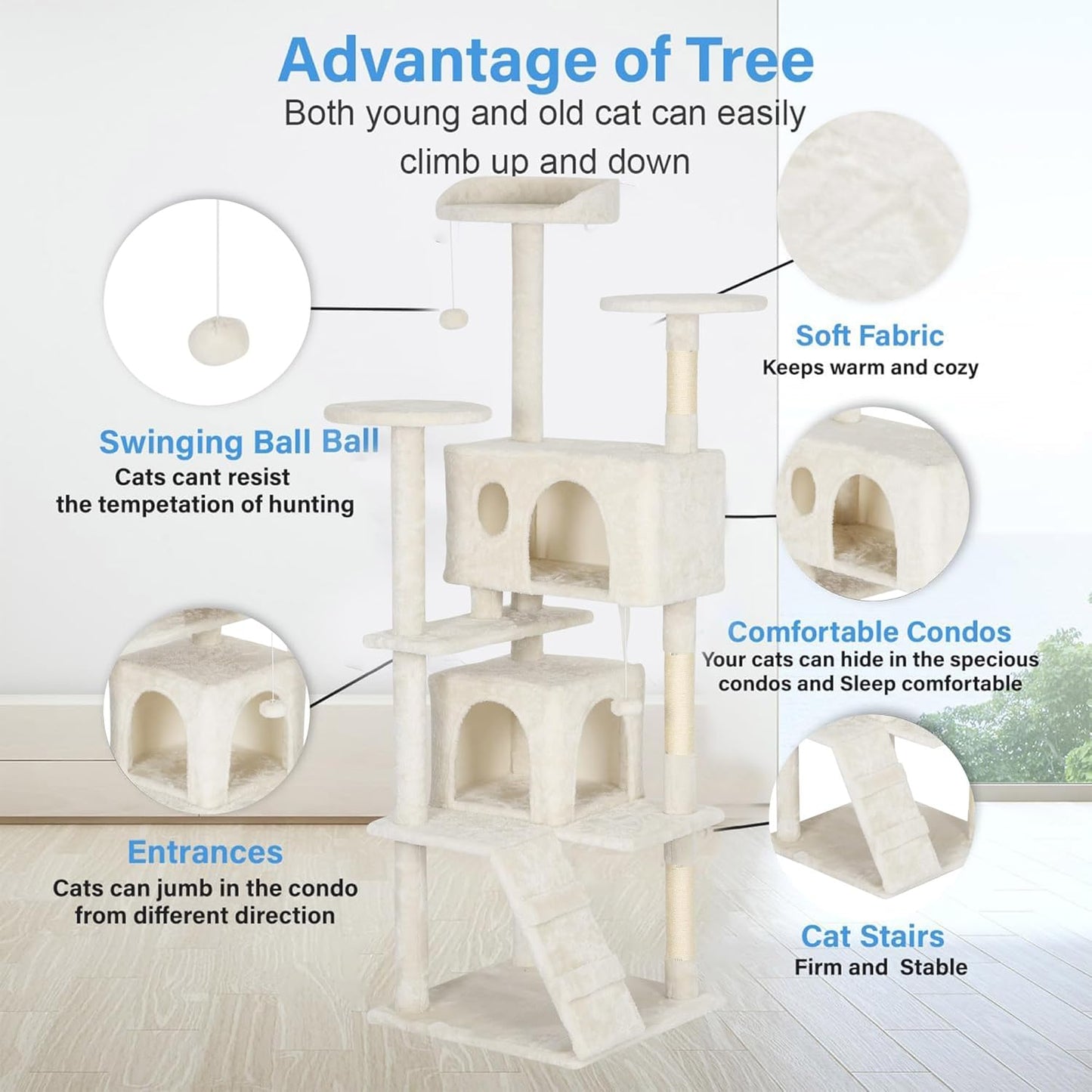 FDW Cat Tree Tower 62in Multi-Level Durable Cat Scratching Post & Cozy Fun Jumping Platform Space Saving Condo Pet Play House for Indoor Cats, Beige