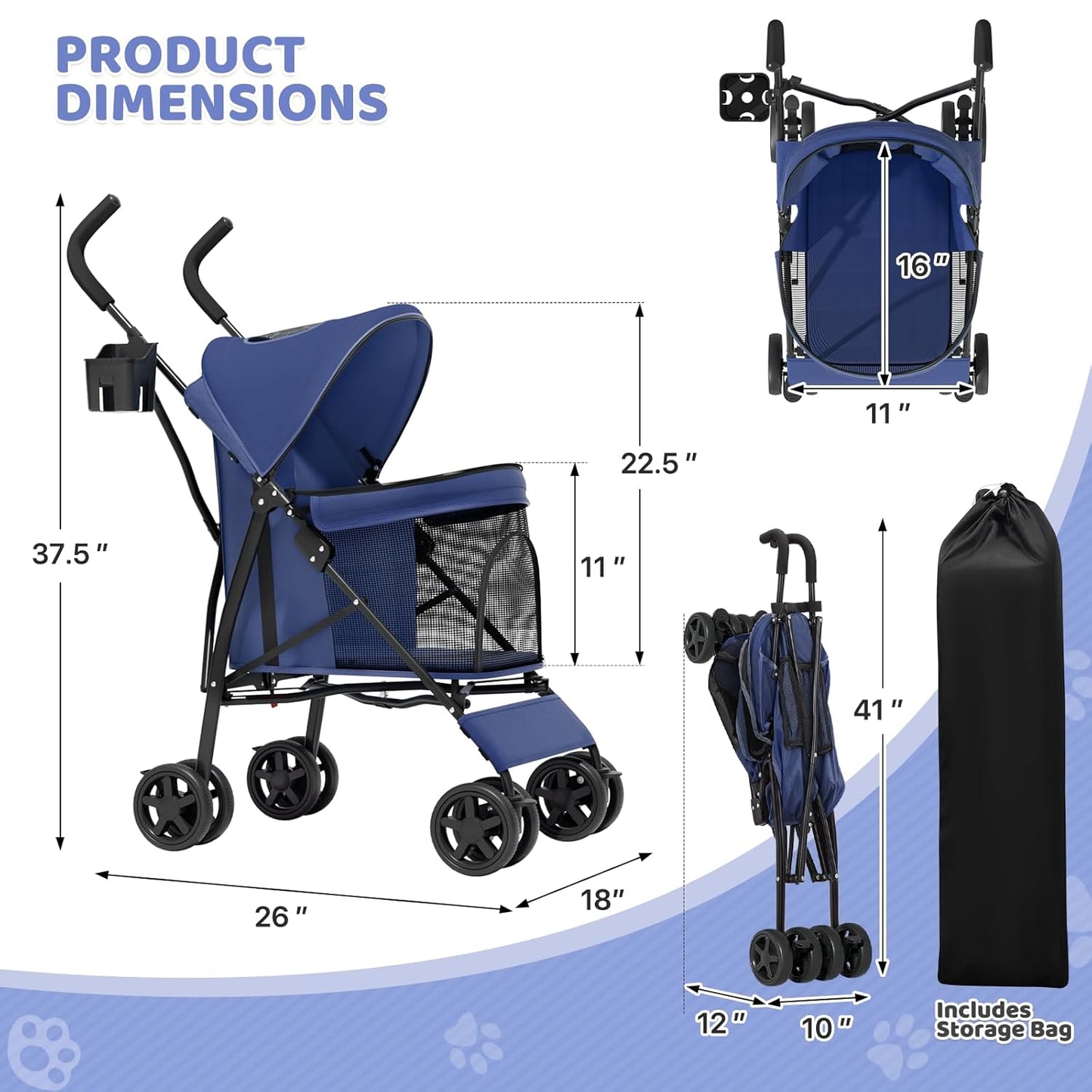Magshion Compact Pet Stroller for Small-Medium Dogs/Cats up to 22lbs, 4-Wheel Lightweight Umbrella Shaped Portable Puppy Travel Jogger with Breathable Mesh, Cup Holder & Rear Storage, Navy Blue