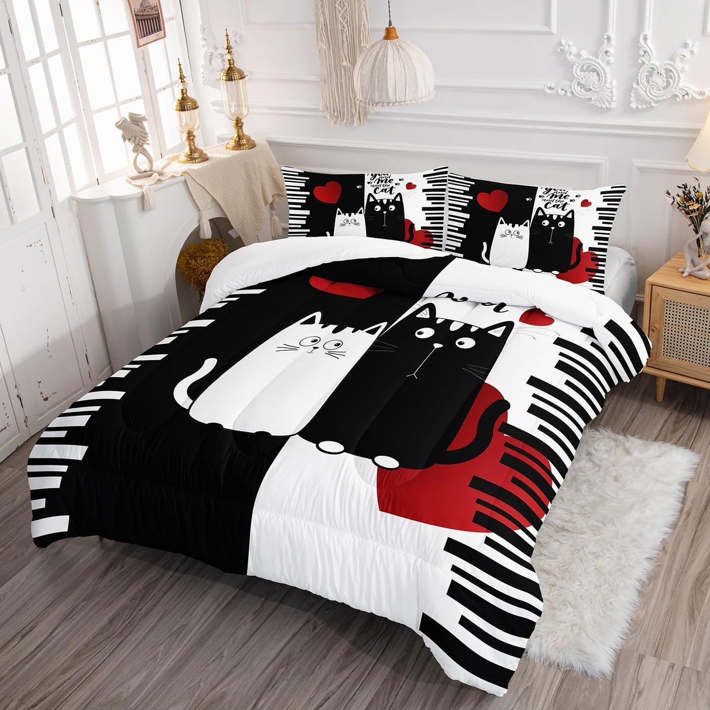 Kawaii Pet Cat Themed Comforter 3Pcs Twin Lover's Kitten Animal Bedding Set for Cat Lover Kid Teen Girl Boy Black White Cat Heart Pattern Quilt Bed Decor with 1 Comforter and 2 Pillowcases