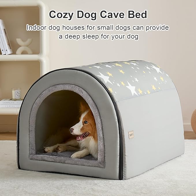 Jiupety 2 in 1 Dog House Indoor, Comfy Cave Bed Covered Dog Bed, Portable House for Medium and Large Dogs, 2XL(35"×27"×26"), Up to 70 Lb, Grey